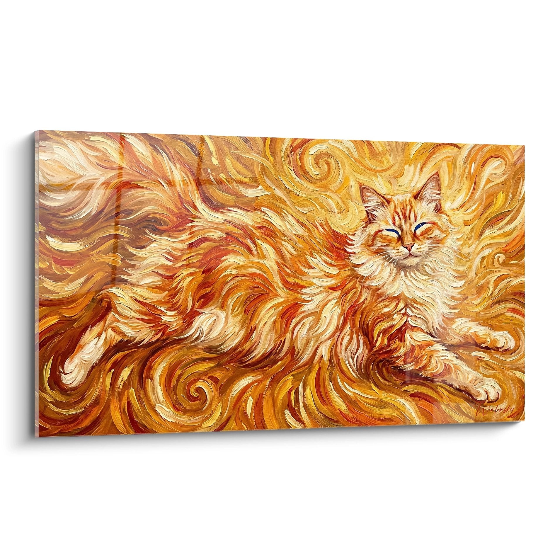 Tableau mural chat balinais dans tourbillon flammes dorées style post-impressionniste art félin décoratif