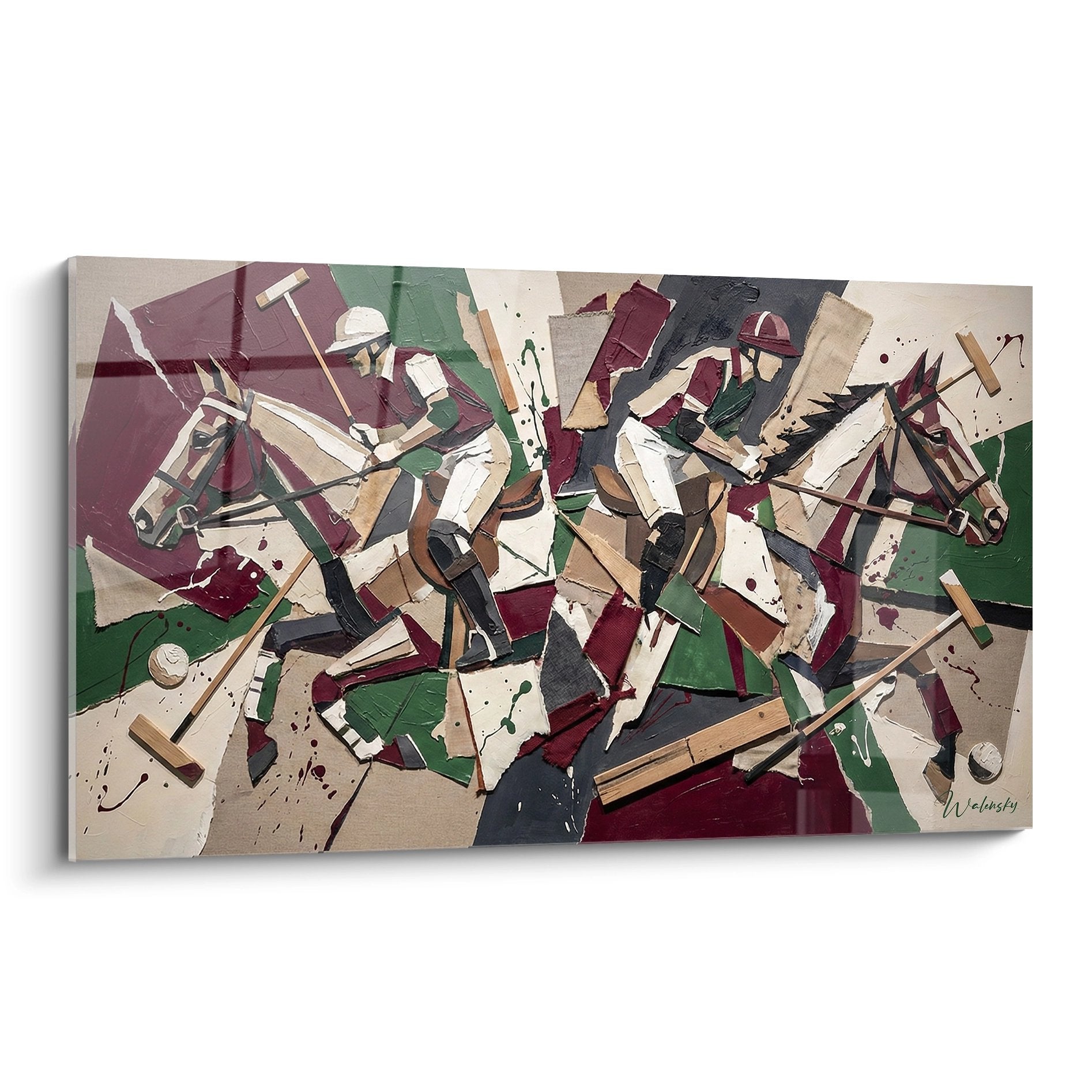 Modern cubist polo painting with fragmented riders in geometric style burgundy and green colors