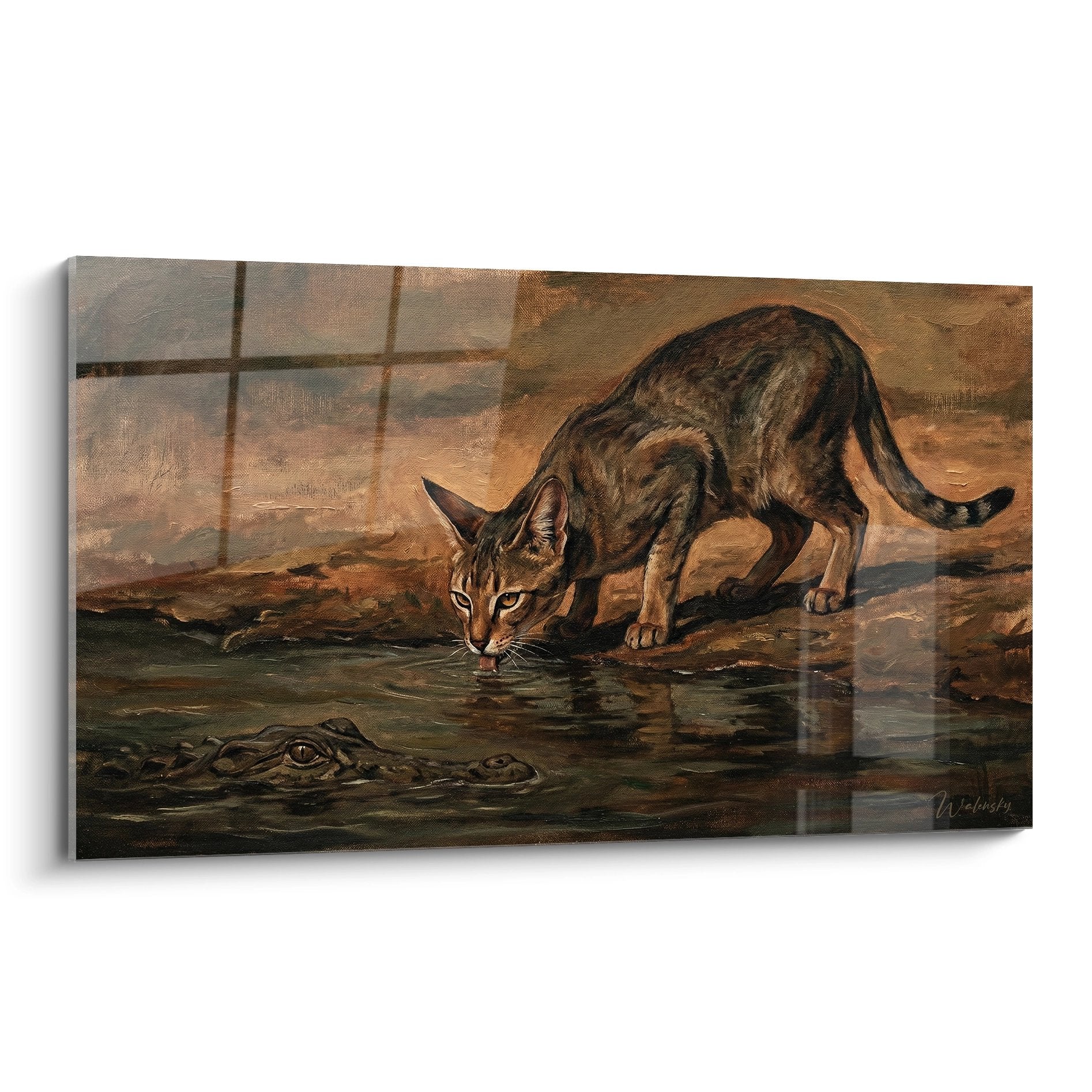 Tableau chat Chausie brun tachete buvant pres crocodile dans paysage savane africaine art felin