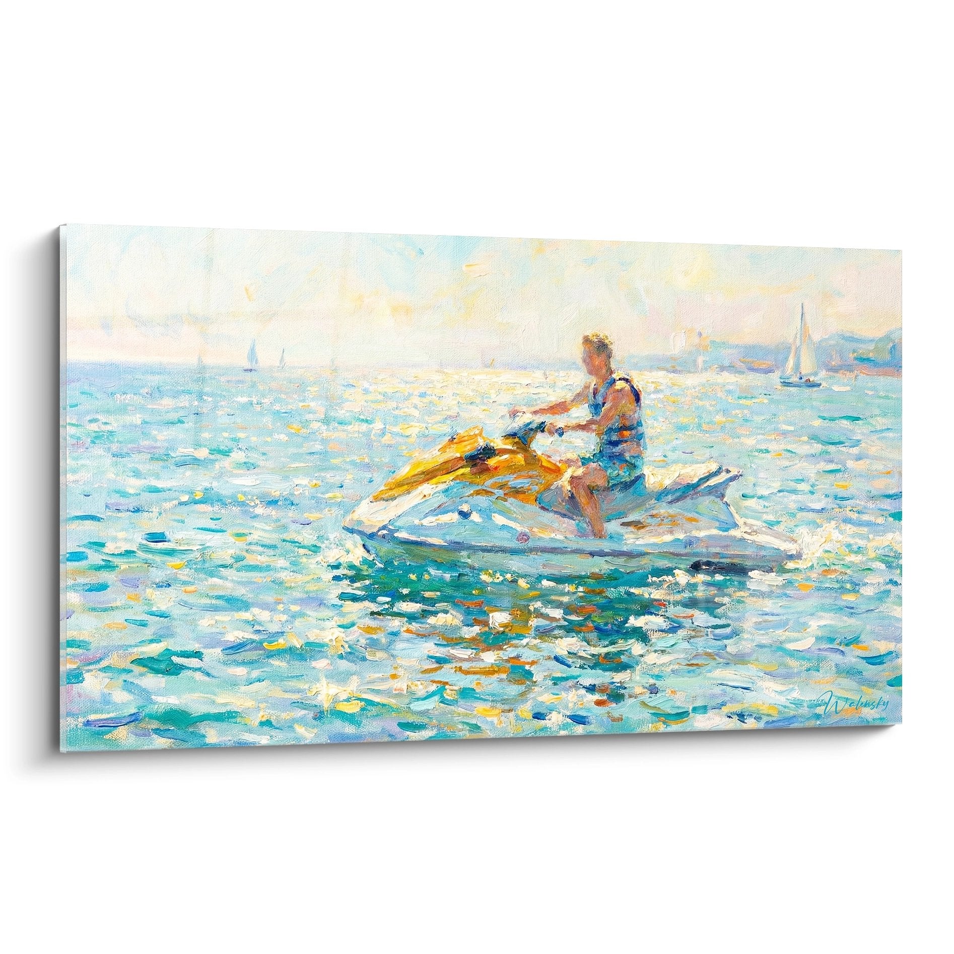 Tableau jetski impressionniste montrant un pilote sur scooter des mers dans des eaux turquoise avec voiliers
