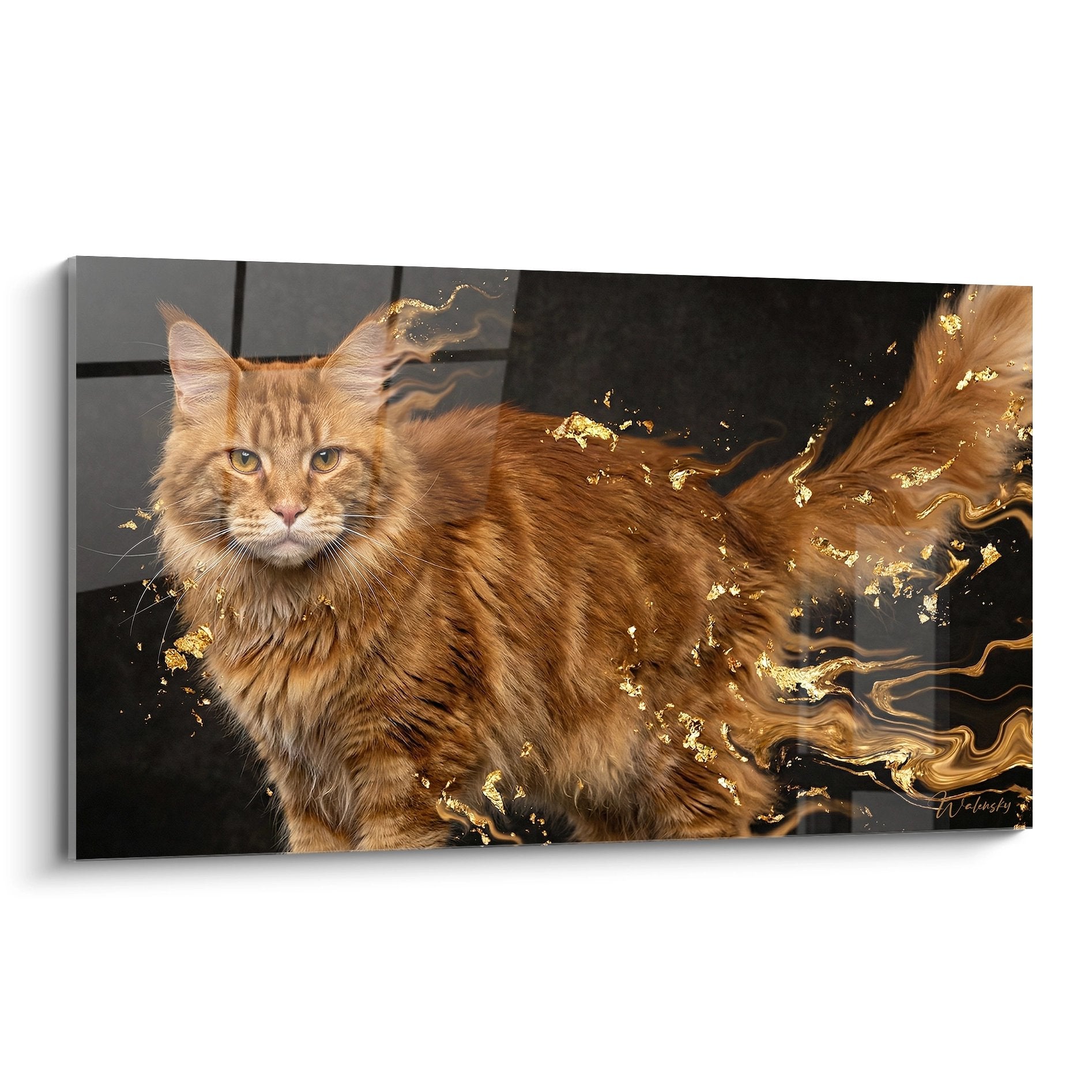 Quadro murale gatto Maine Coon rosso con effetti artistici dorati e fusione astratta su tela