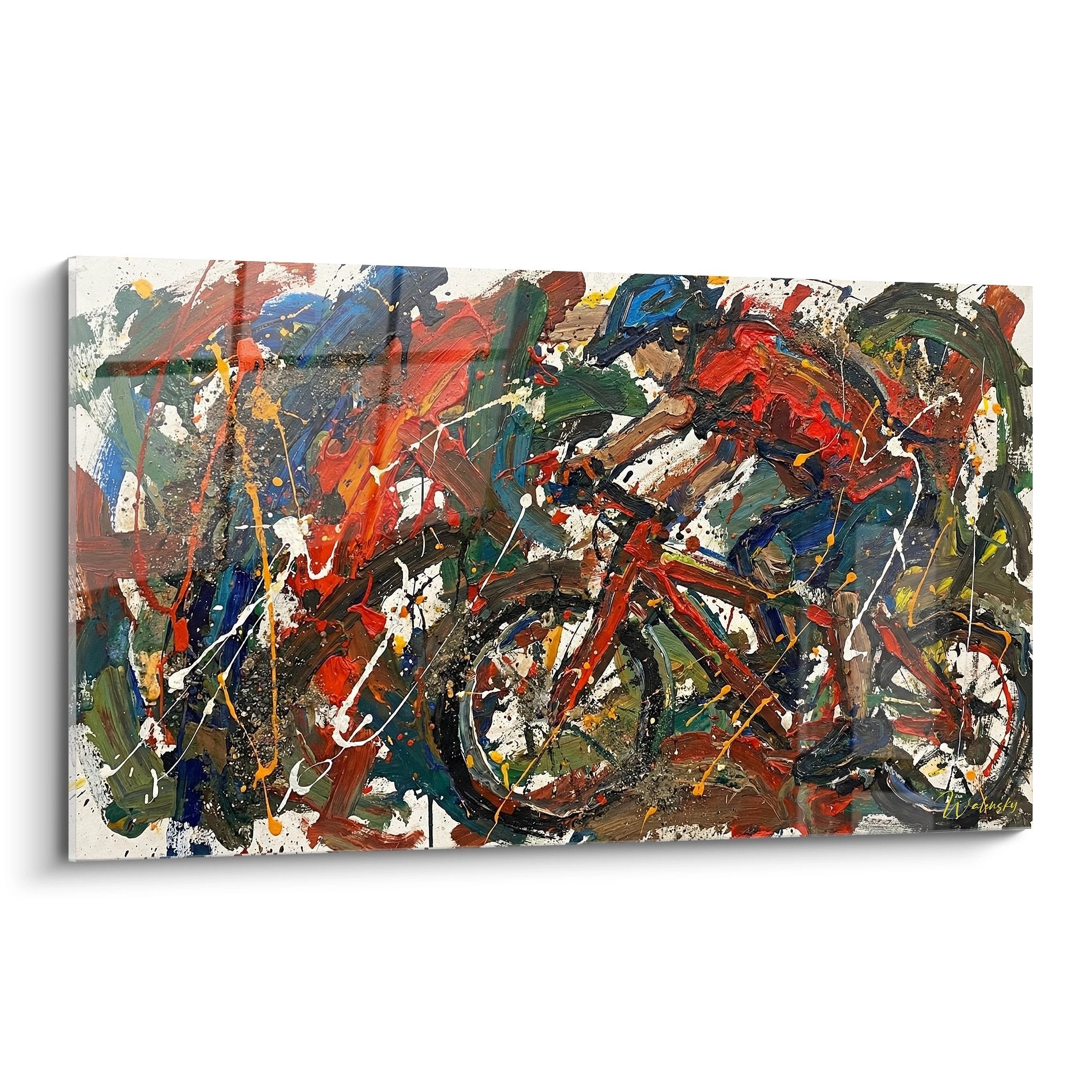 Abstract MTB painting with explosive red blue green colors, modern art for cycling wall decoration