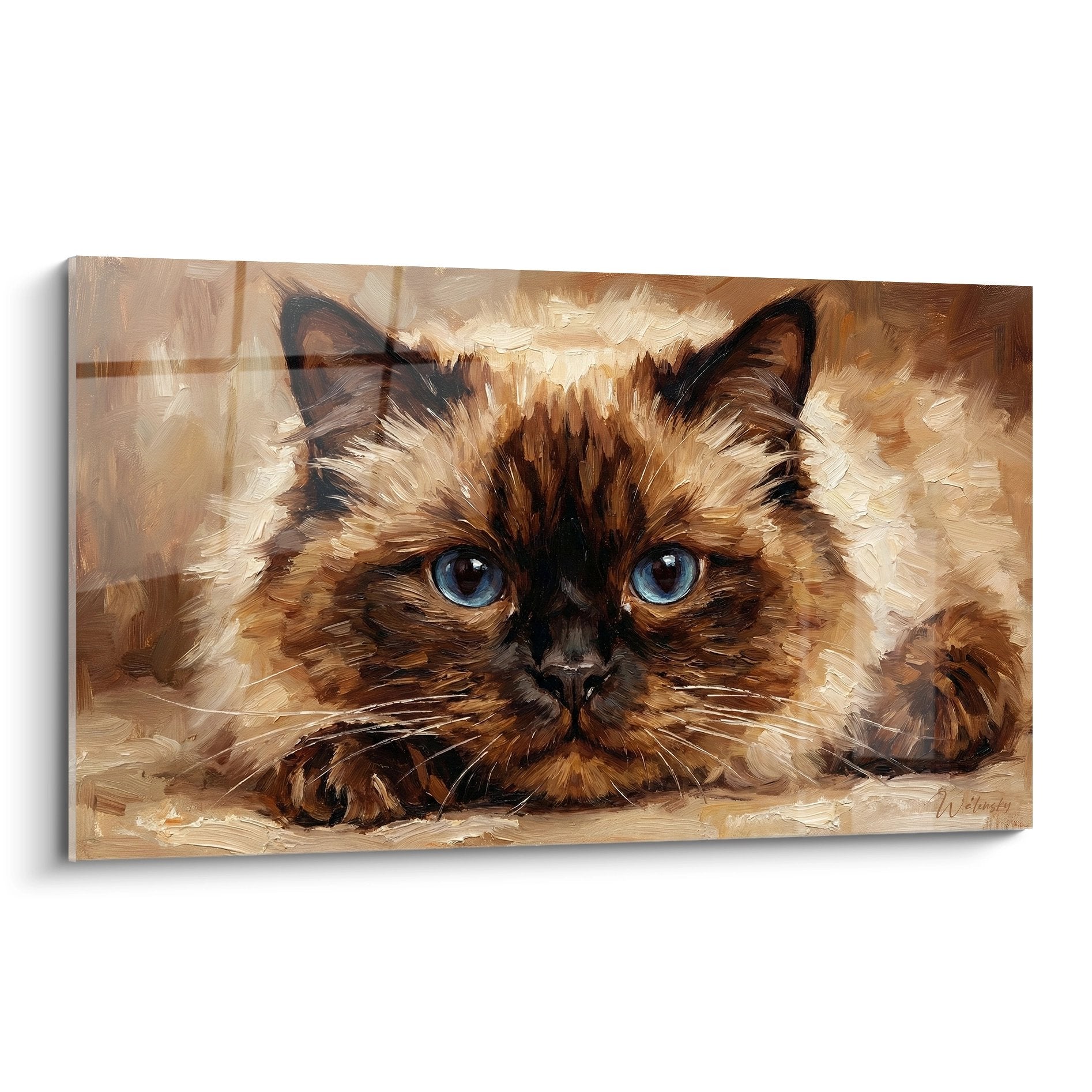 Tableau portrait chat Himalayan au pelage soyeux et yeux bleus, style peinture réaliste sur toile