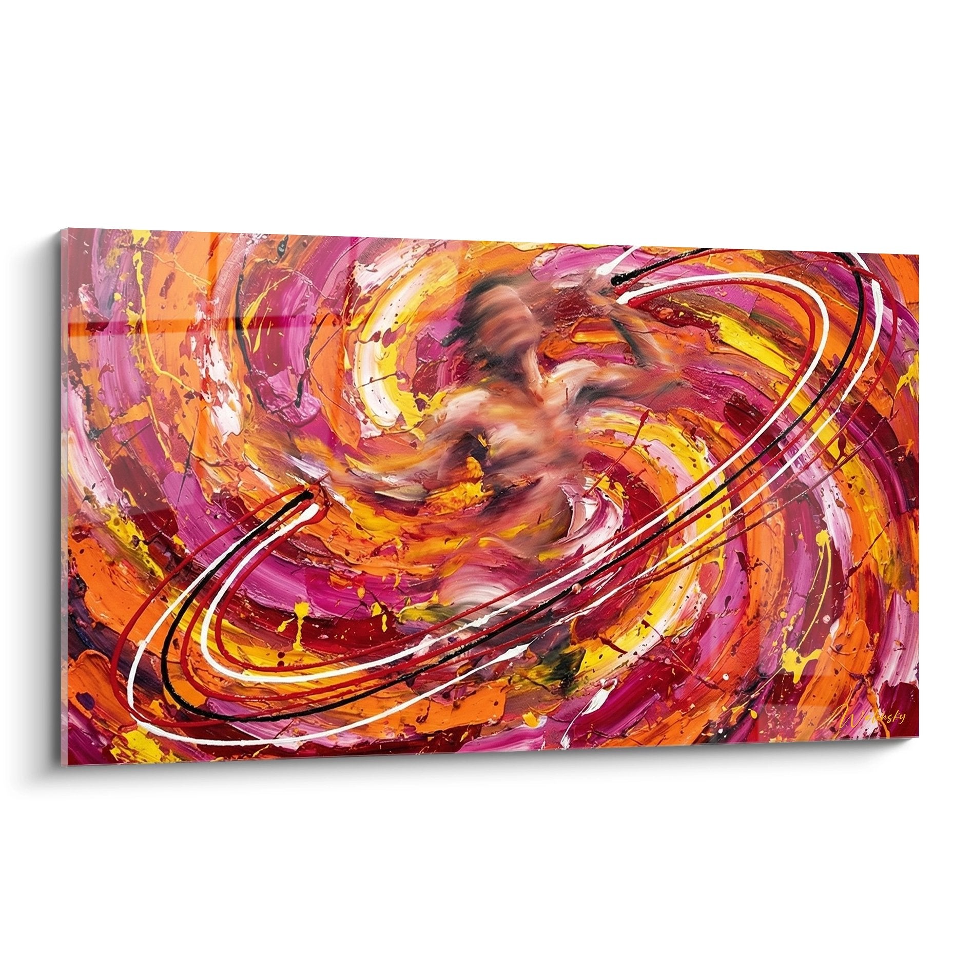 Modern abstract painting with vibrant red orange violet colors and dynamic white curved lines