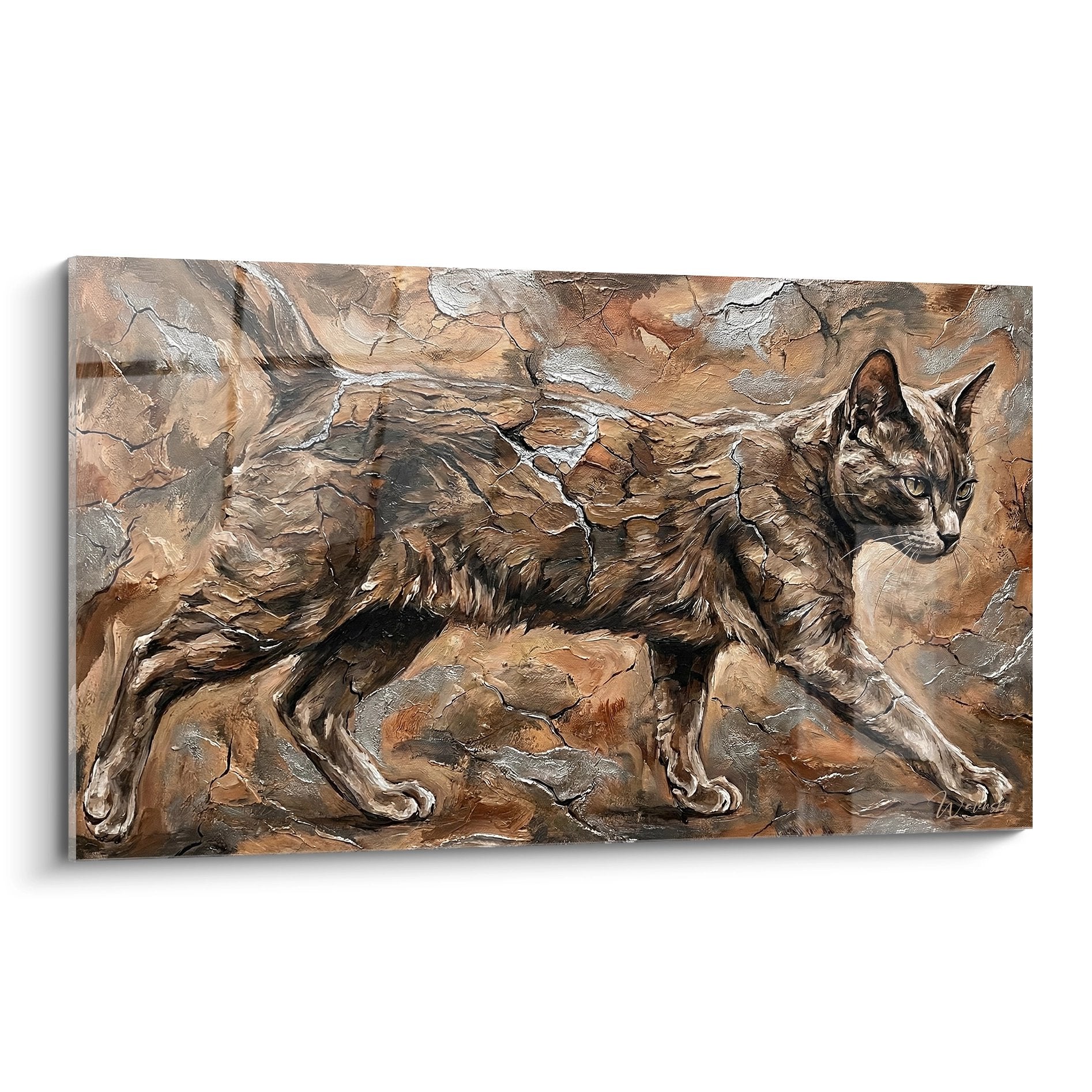 Tableau mural représentant un chat sauvage aux tons bruns camouflé sur des rochers, art félin réaliste