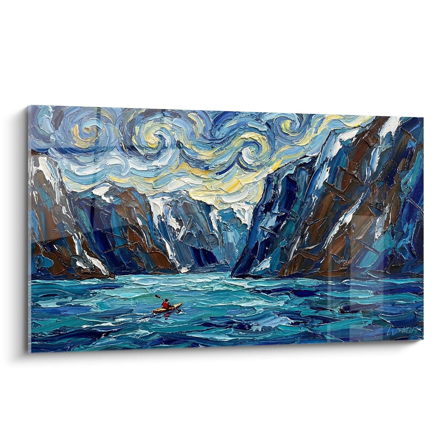Tableau style Van Gogh montrant kayakeur rouge dans fjords nordiques aux eaux turquoise et ciel tourbillonnant