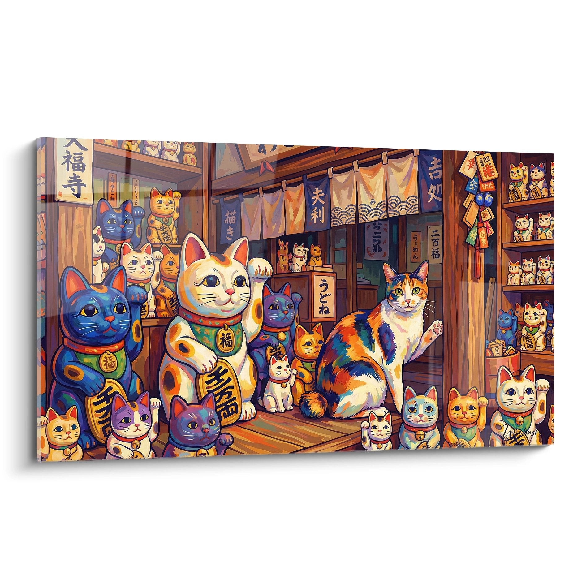 Tableau boutique maneki neko japonaise avec chats porte-bonheur multicolores dans echoppe traditionnelle en bois