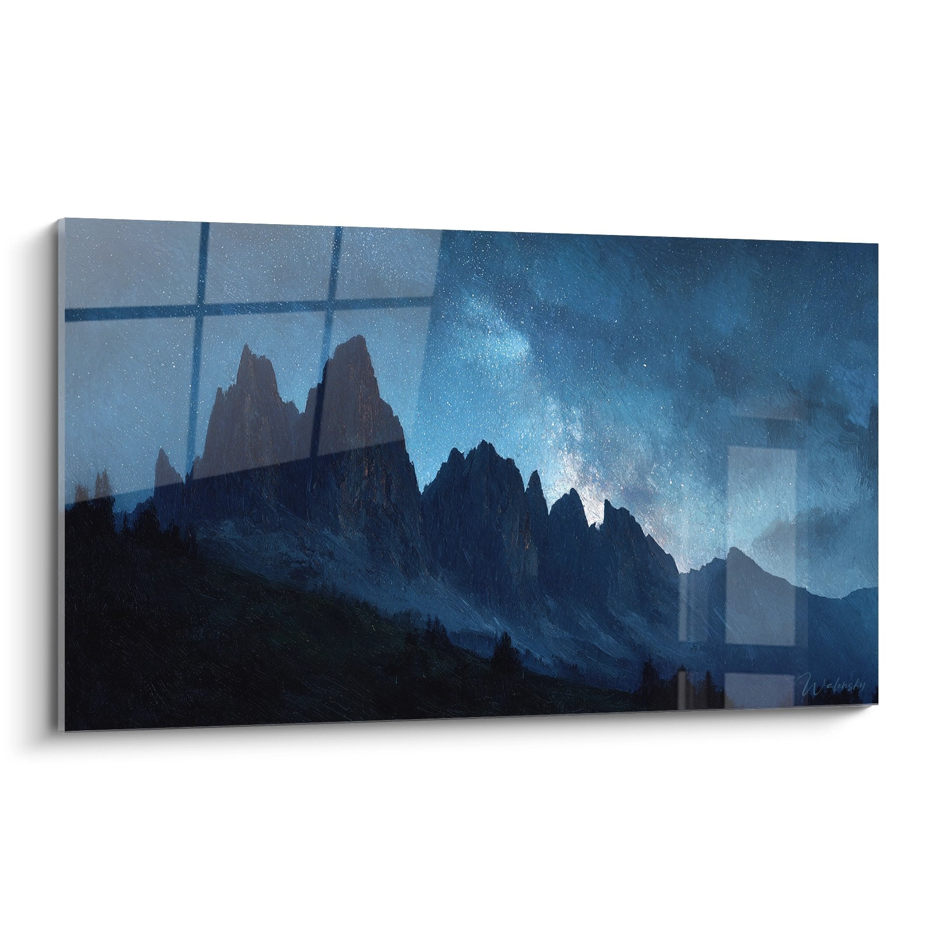 Quadro delle Dolomiti di notte con cielo stellato e via lattea visibile da una finestra, picchi rocciosi