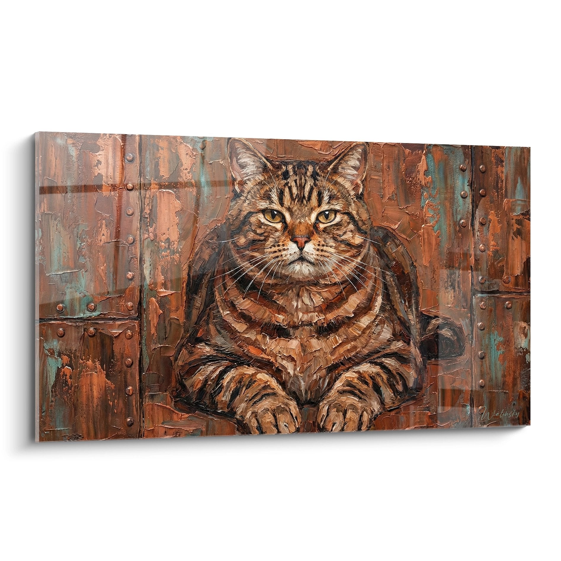 Tableau chat American Shorthair roux assis devant fond metallique rouille patine style industriel vintage