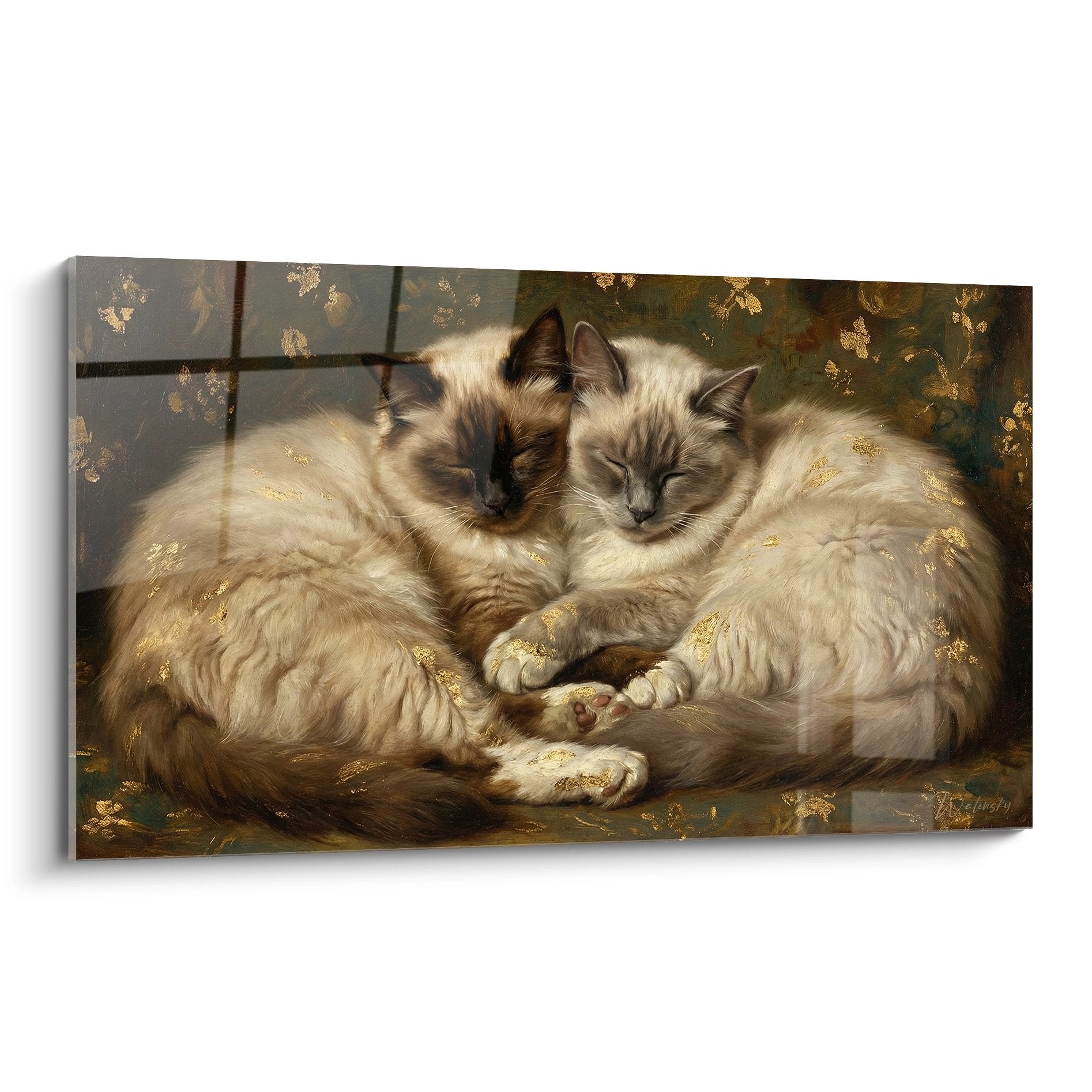 Quadro che rappresenta due gatti birmani dagli occhi blu che dormono insieme, mantello color crema e riflessi dorati