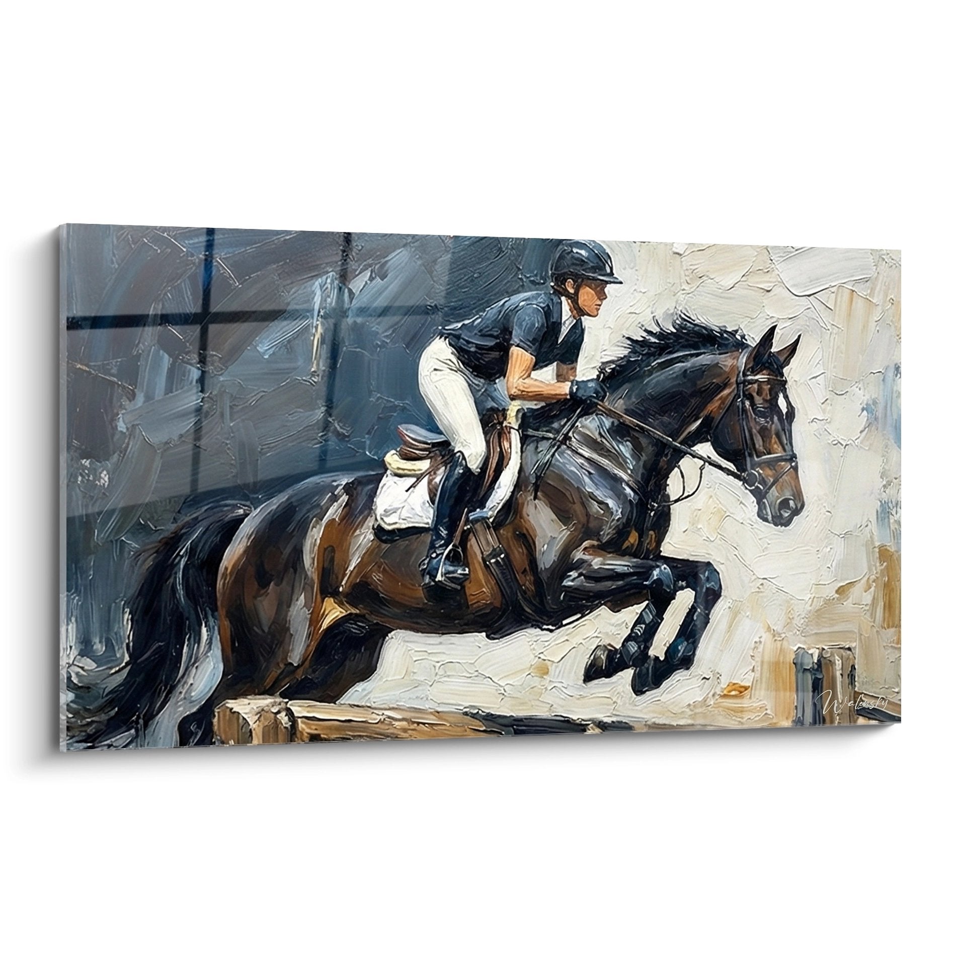 Quadro artistico che rappresenta un cavaliere e il suo cavallo baio che salta un ostacolo durante una gara di salto