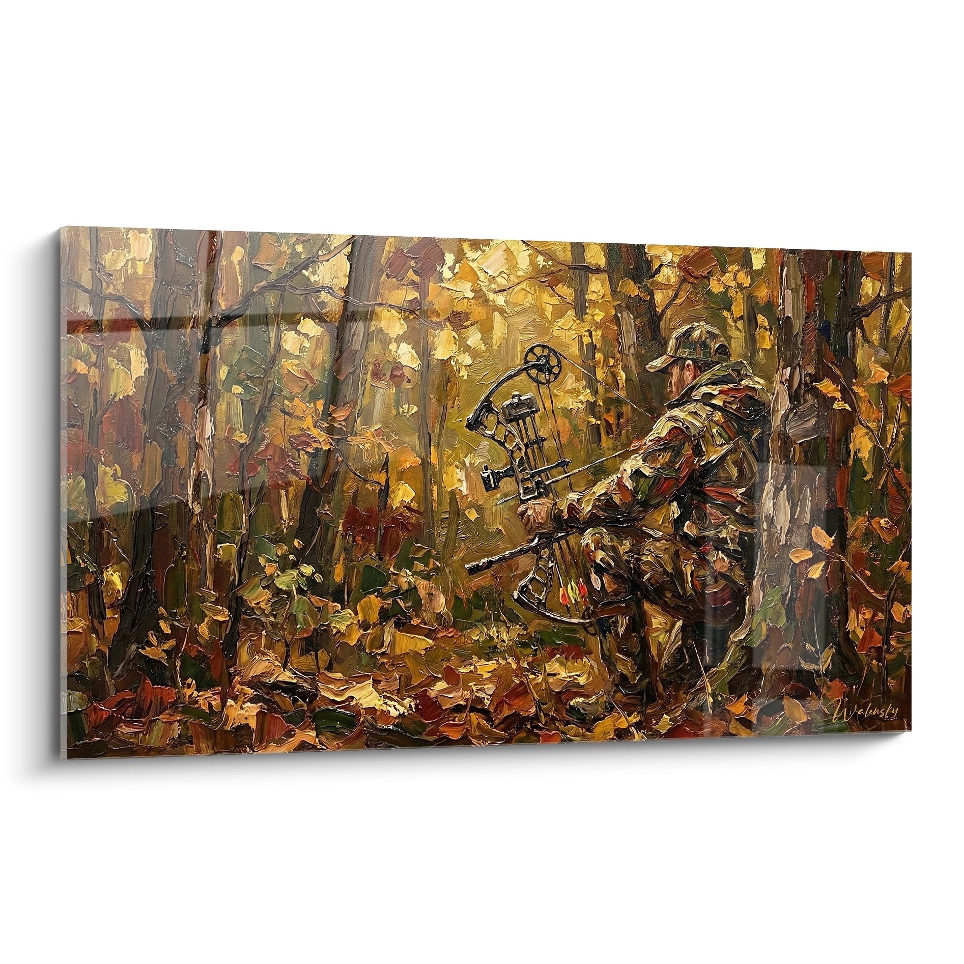 Quadro arte murale arciere in foresta autunnale con arco compound, pittura stile impressionista toni dorati