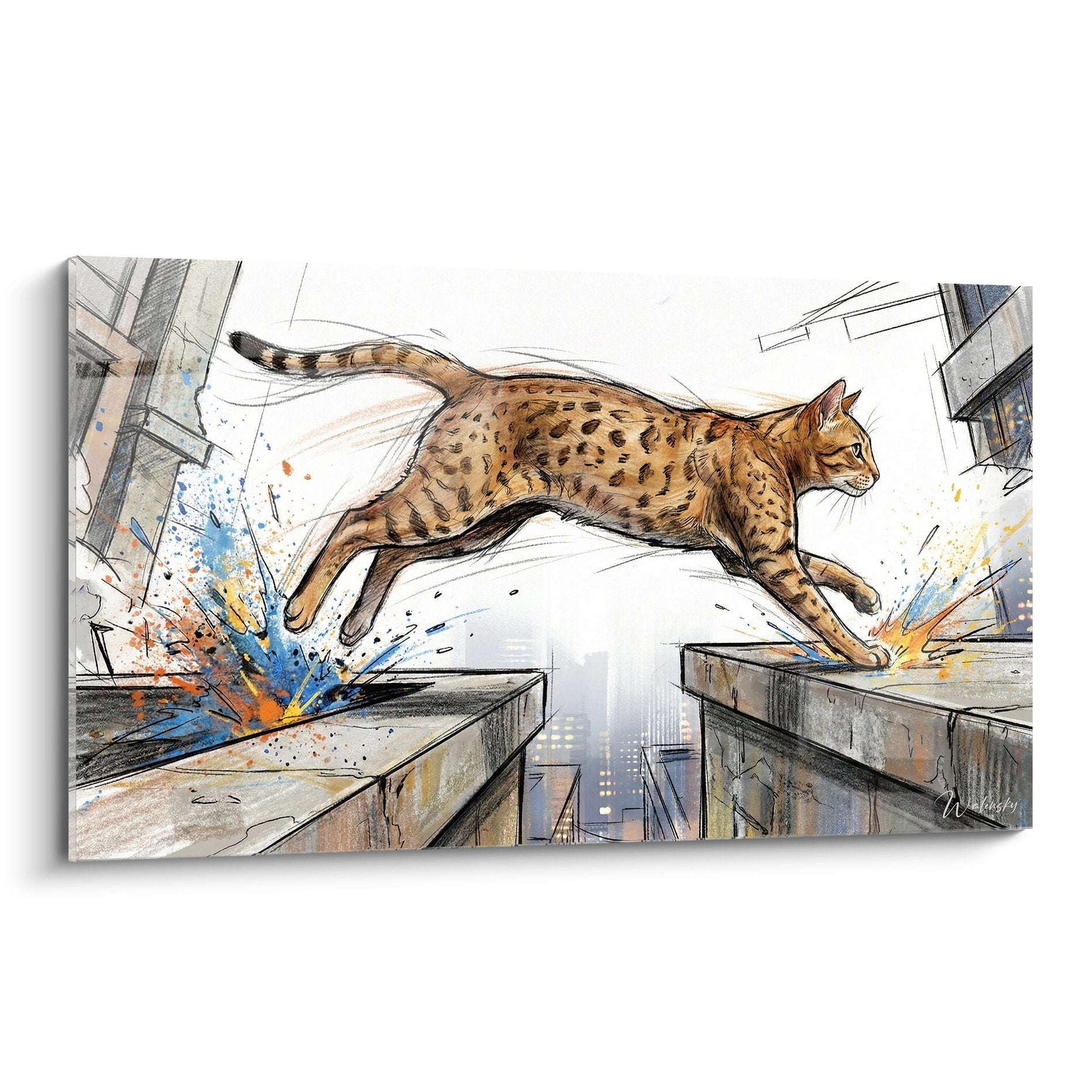 Chat Ocicat tachete bondissant entre immeubles urbains avec eclaboussures colorees style parkour artistique