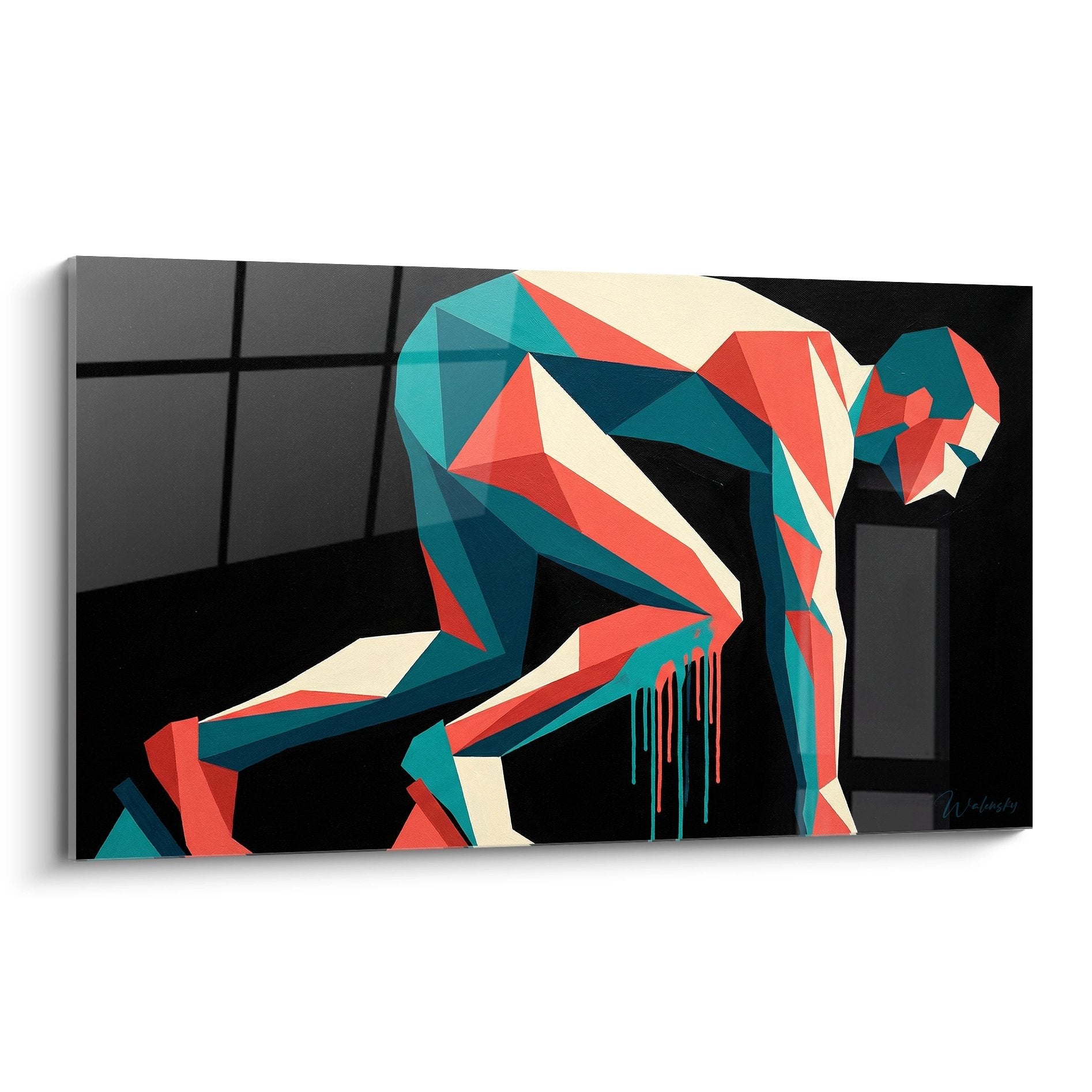 Quadro moderno che raffigura un corridore in stile geometrico poligonale con colori turchese, corallo e panna