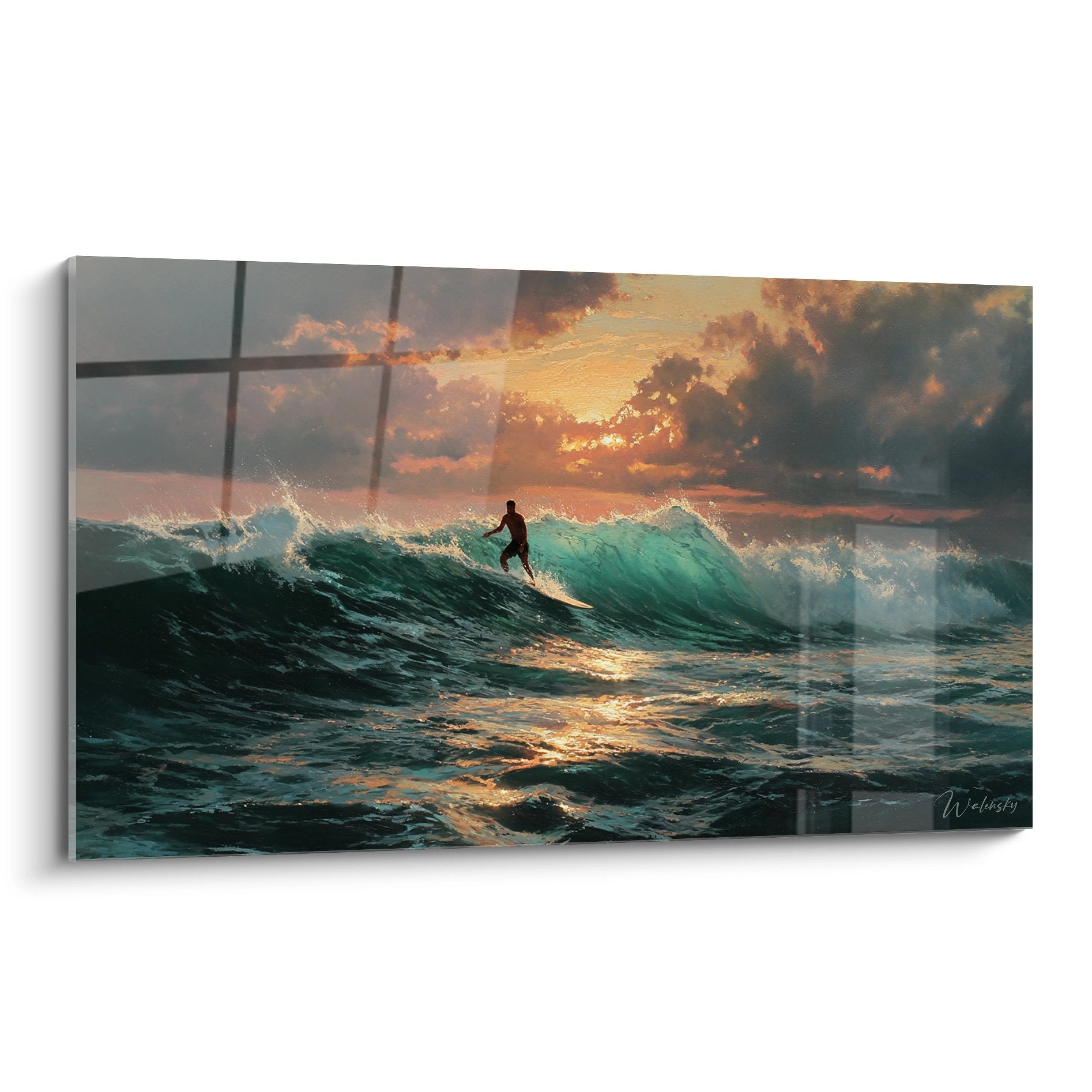 Tableau surf surfeur sur vague turquoise au coucher de soleil avec ciel dore ambiance ocean