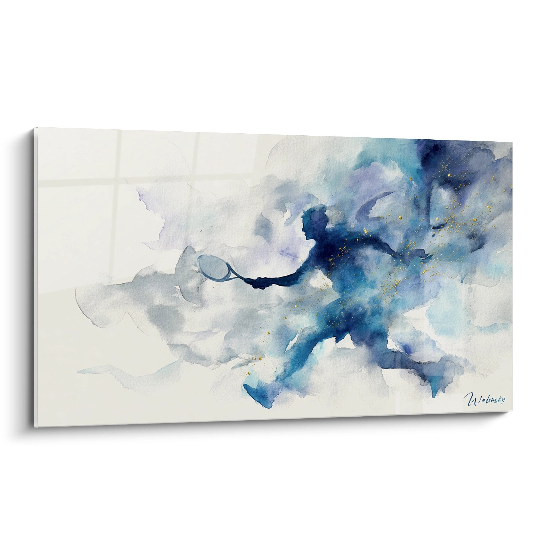 Tableau abstrait aquarelle aux nuances bleues et dorées avec formes fluides sur toile blanche