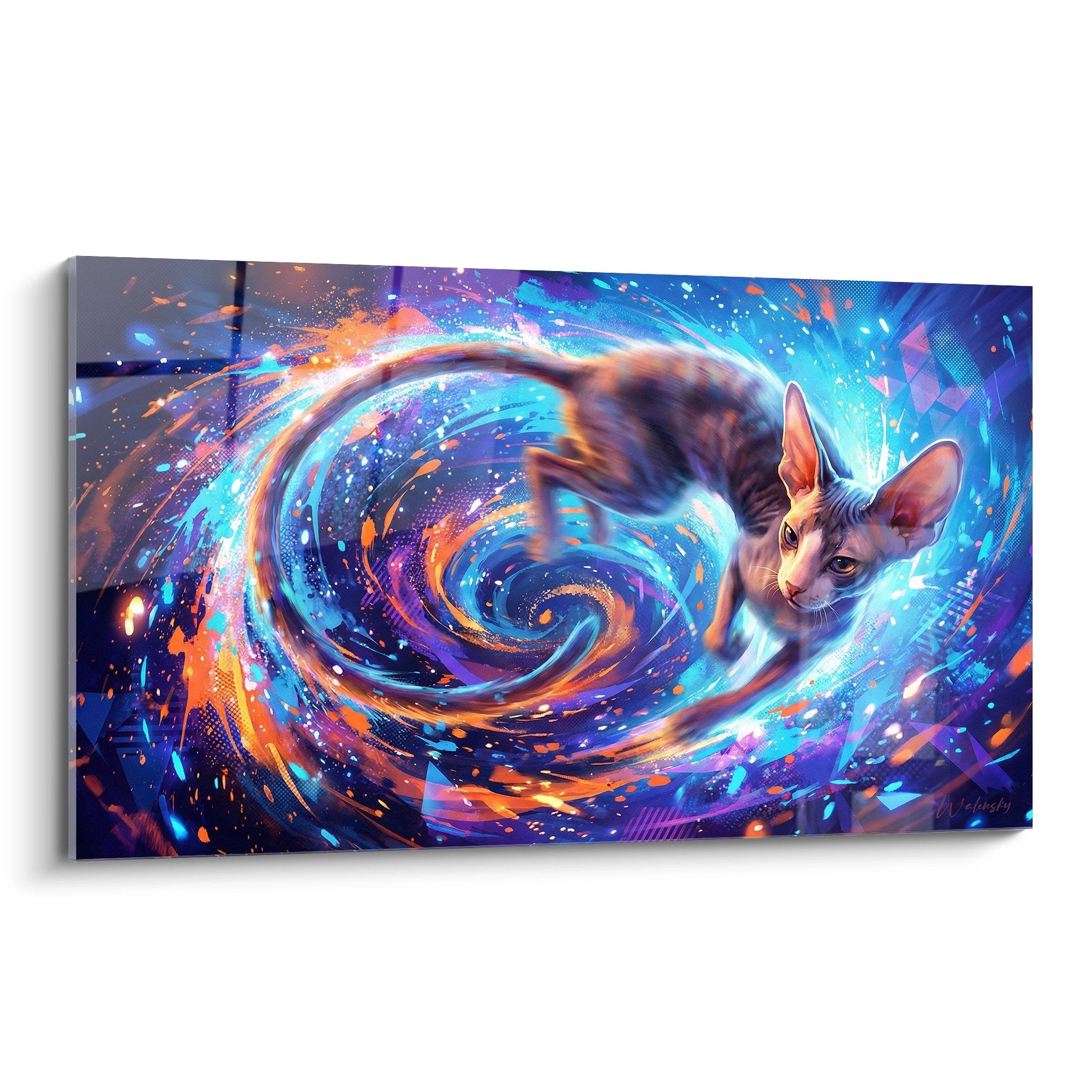 Quadro artistico gatto Cornish Rex in turbine cosmico blu arancione, arte murale fantastica decorazione moderna