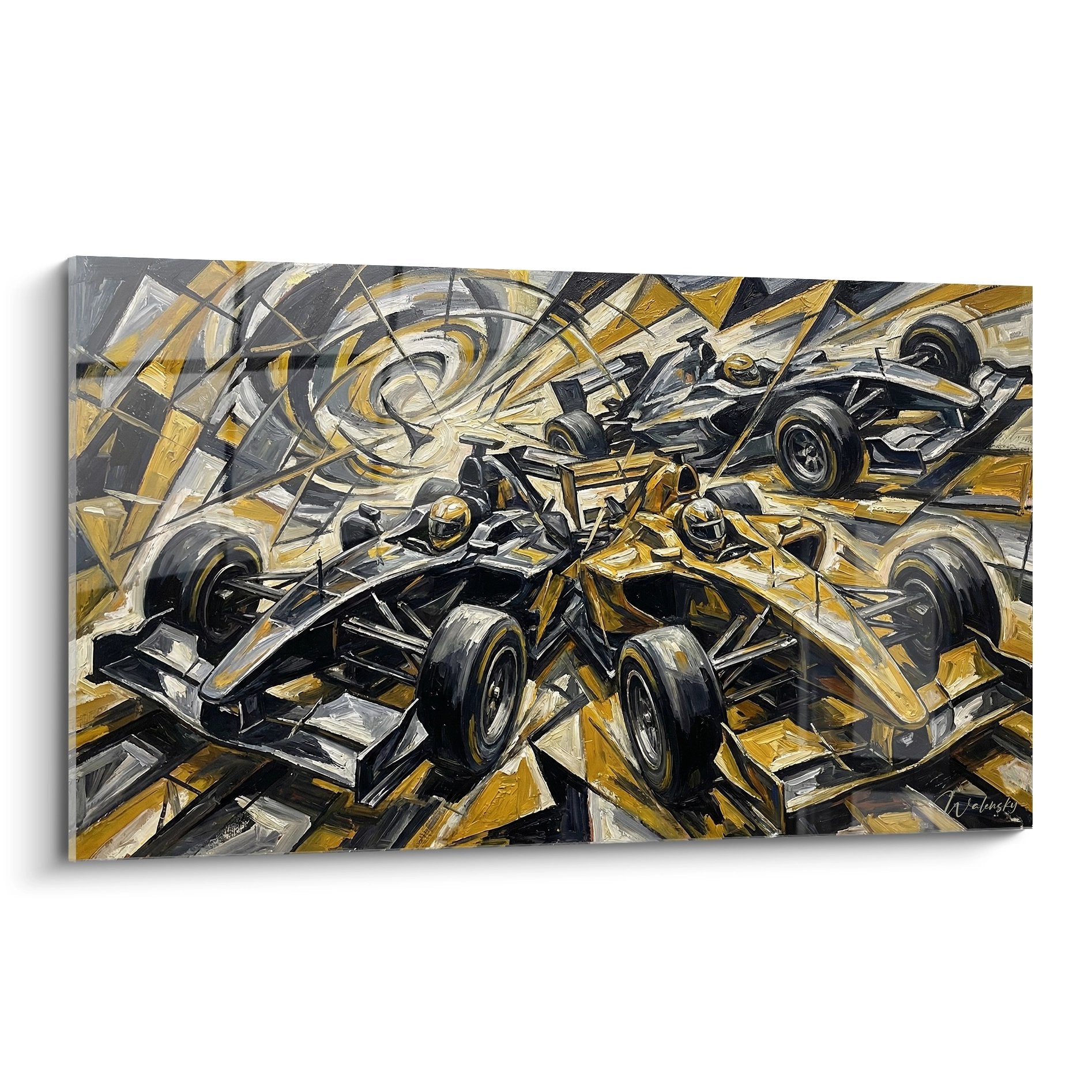 Tableau F1 cubiste représentant deux monoplaces en course dans un style géométrique doré et noir sur toile