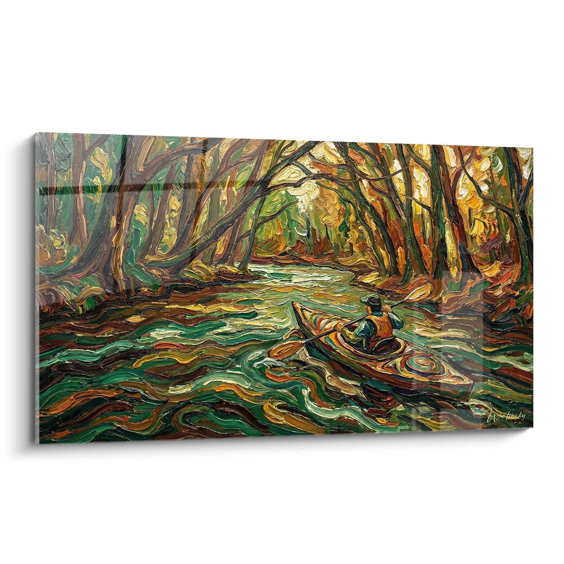 Kajakgemälde Wald Fluss verzauberte Landschaft impressionistische Malerei goldene grüne Töne Kayak Edition Wandkunst