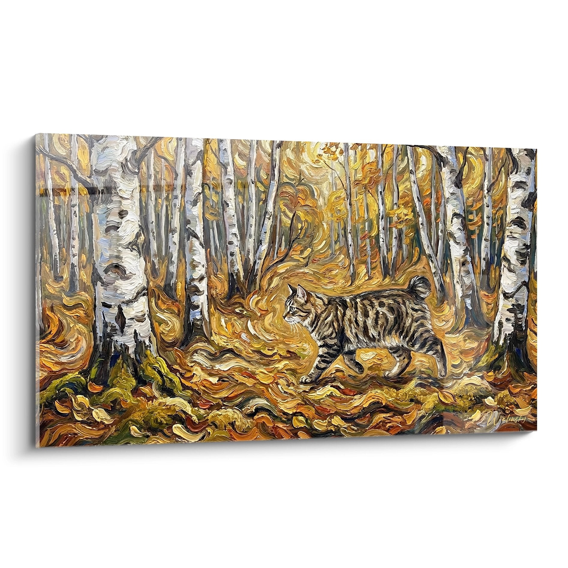 Quadro gatto tigrato nella foresta di betulle autunnale stile post-impressionista Kurilian Bobtail
