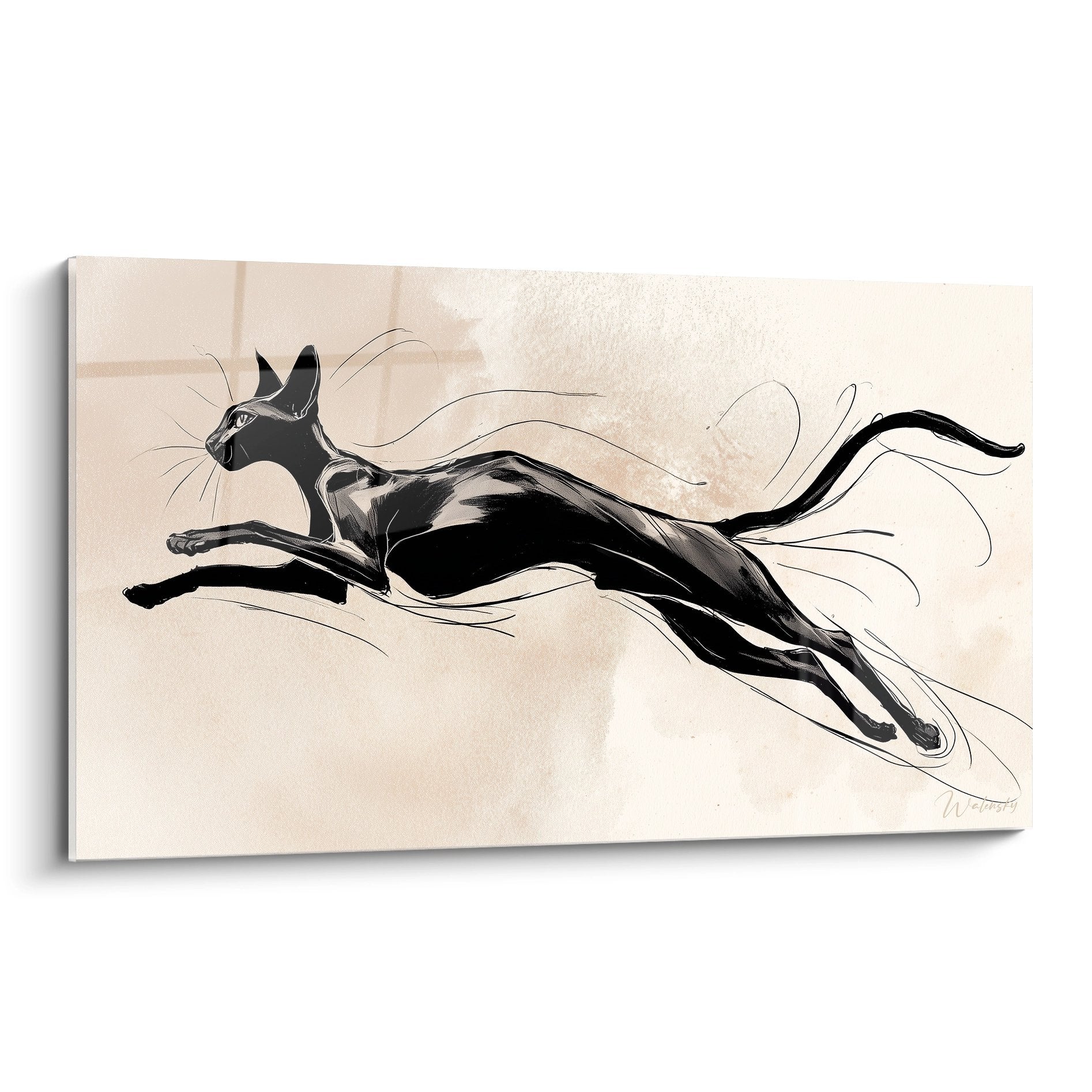 Tableau moderne chat Oriental Shorthair noir en bond dynamique sur fond beige avec lignes de mouvement expressives