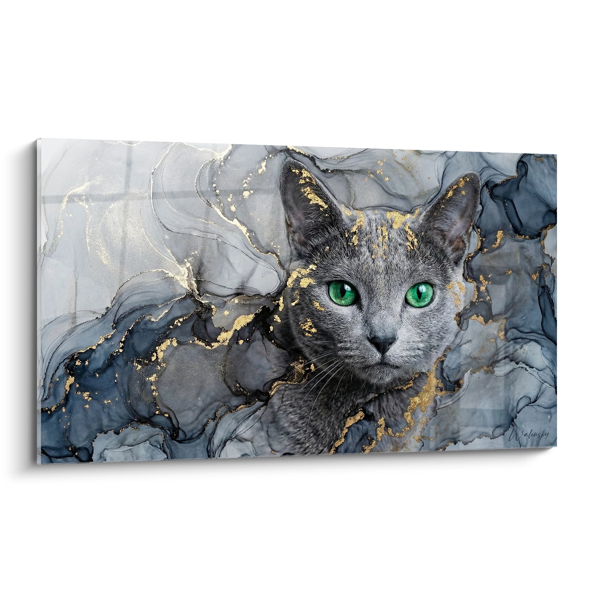Quadro gatto Russian Blue con occhi verdi su sfondo marmo grigio blu con tocchi dorati arte murale moderna
