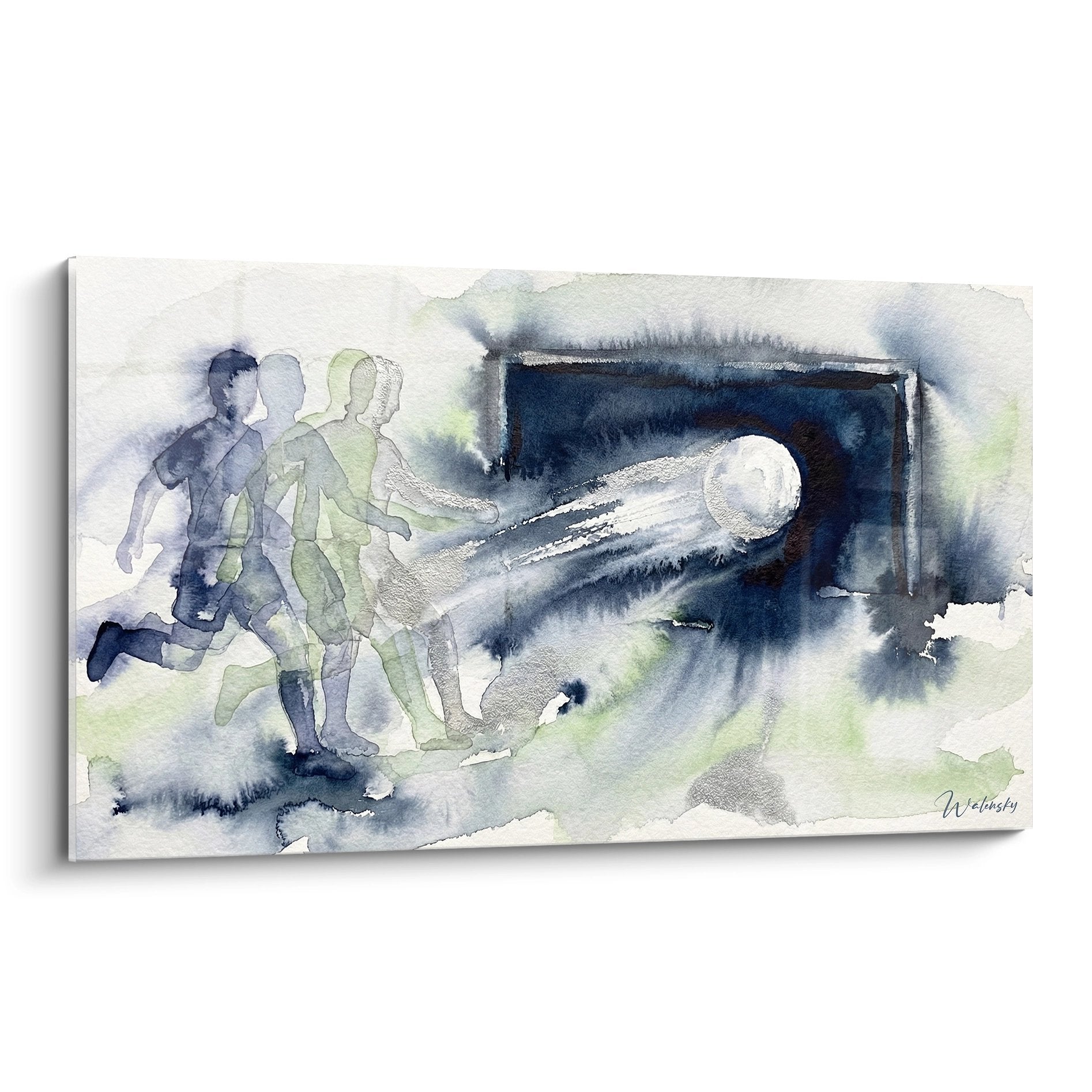 Tableau aquarelle football montrant deux joueurs en course poursuivant un ballon, art mural sport moderne