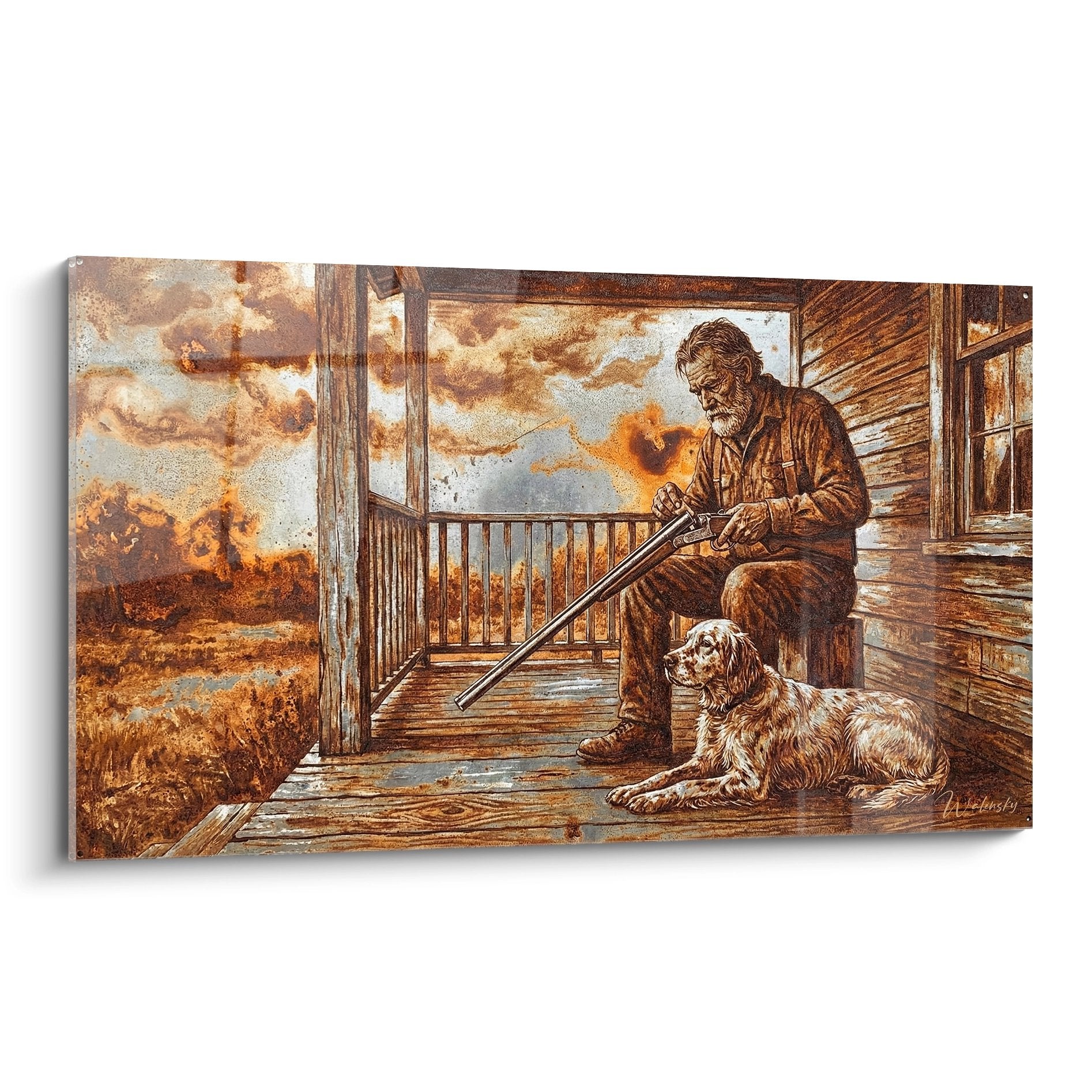 Tableau représentant un chasseur nettoyant son fusil sur une terrasse avec son chien de chasse couché à ses pieds