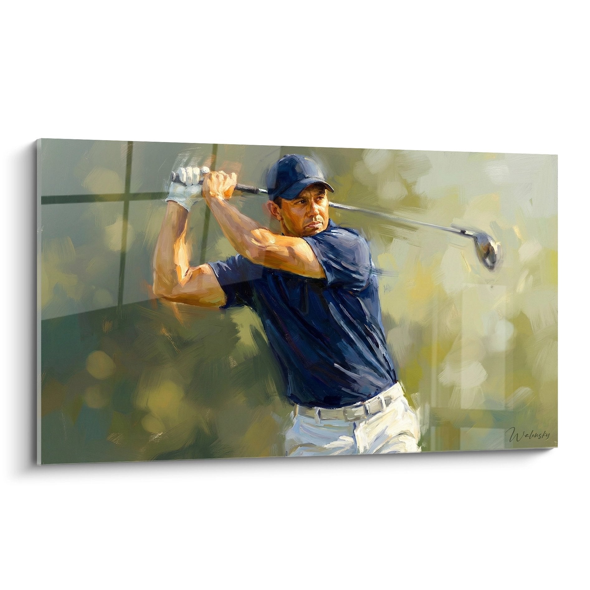 Tableau golf représentant un golfeur en polo bleu exécutant un swing puissant avec casquette