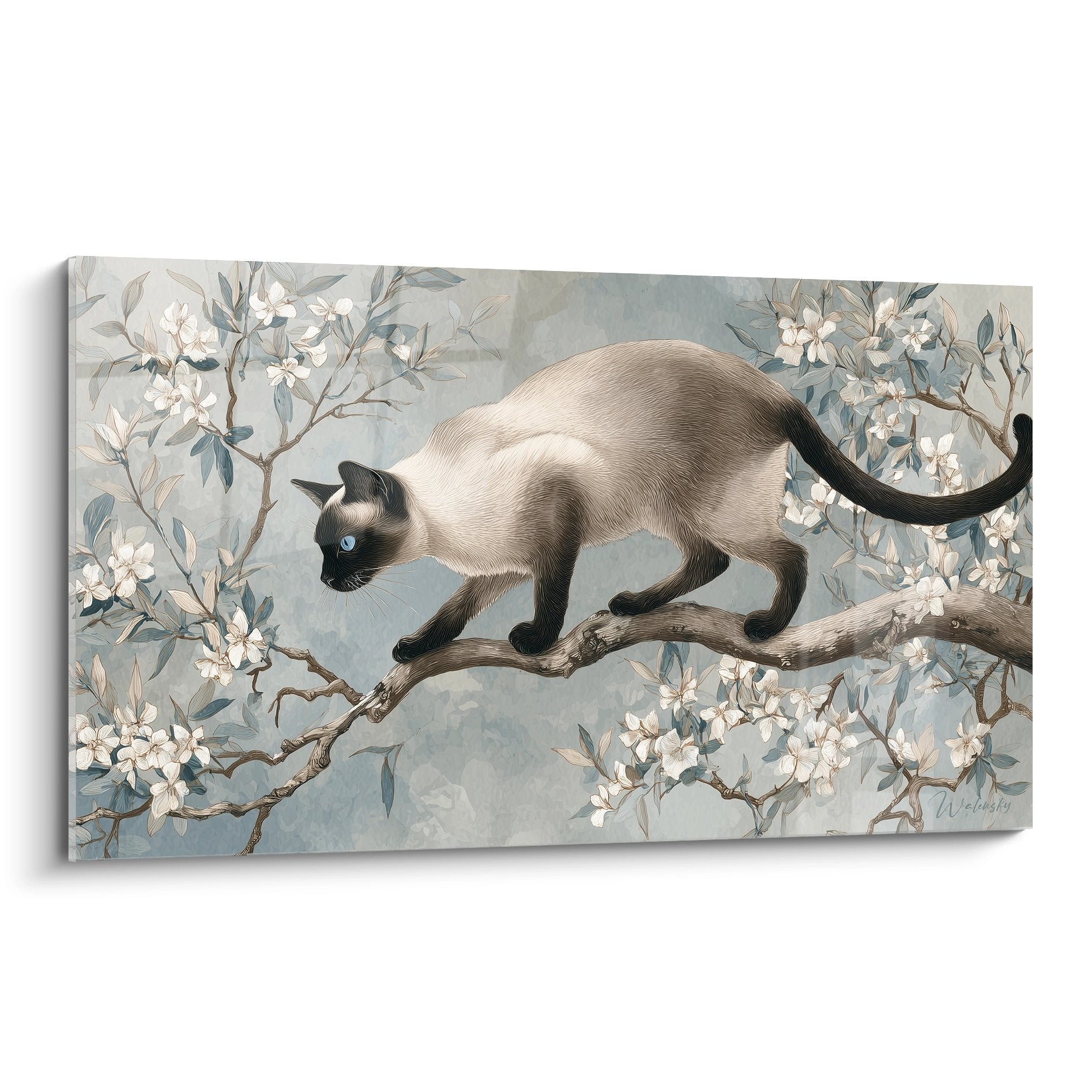Quadro gatto birmano con occhi blu appollaiato su ramo fiorito, arte murale decorazione d'interni stile naturale