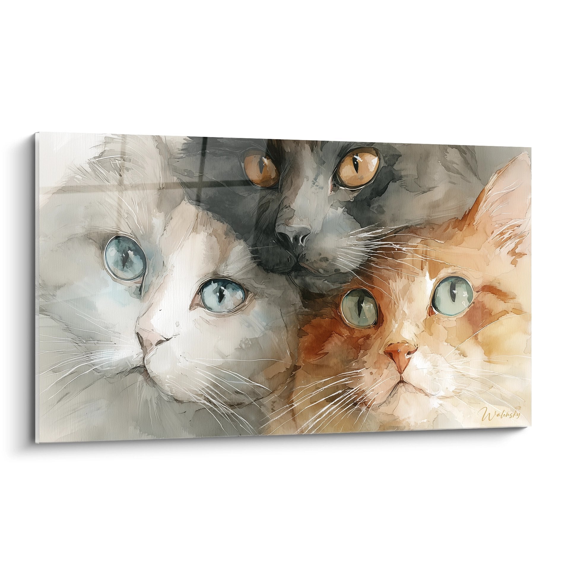 Tableau artistique représentant trois chats aux yeux colorés, style peinture impressionniste, décoration murale
