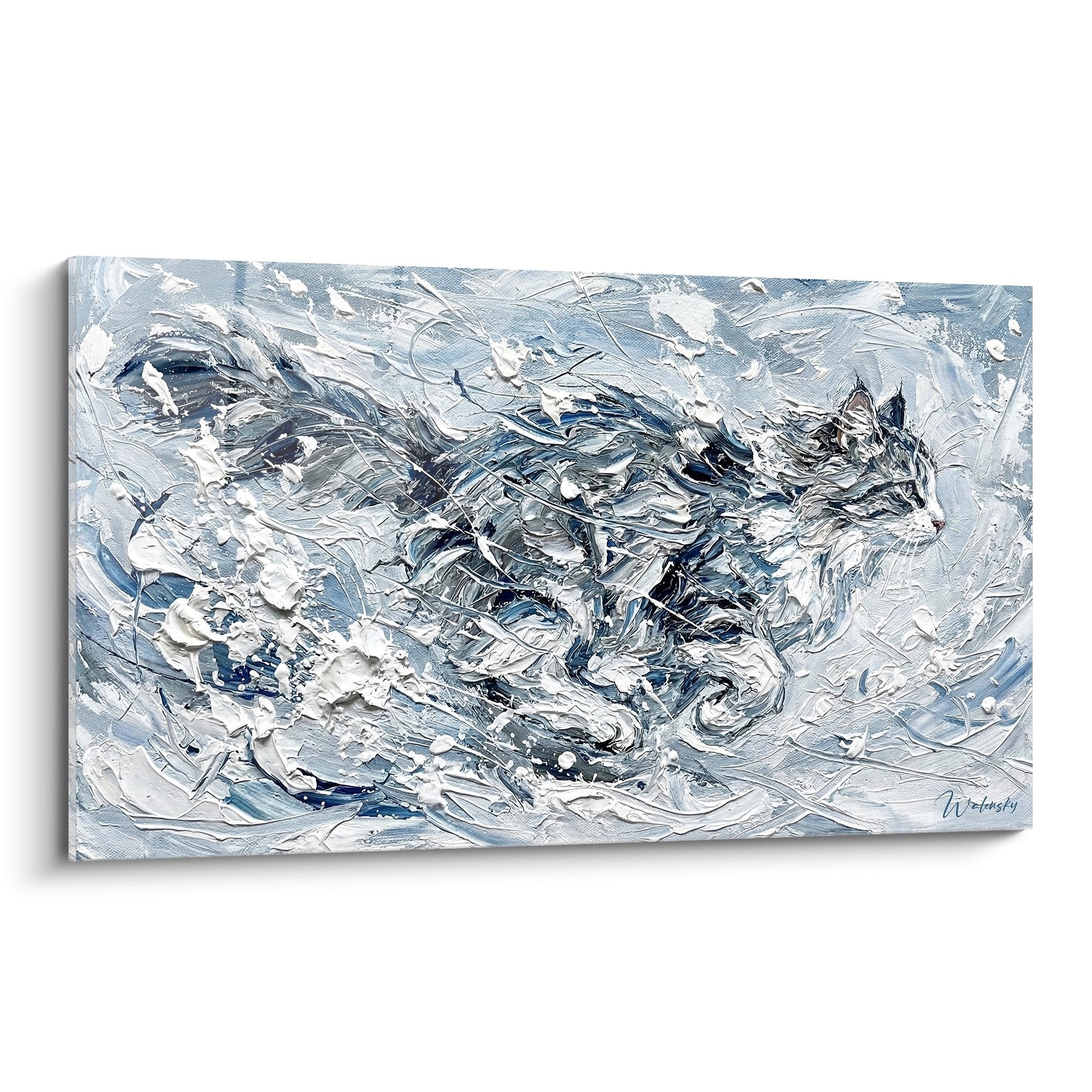 Quadro astratto Norwegian Forest Cat in tempesta bianca e blu, arte murale moderna gatto nordico espressivo