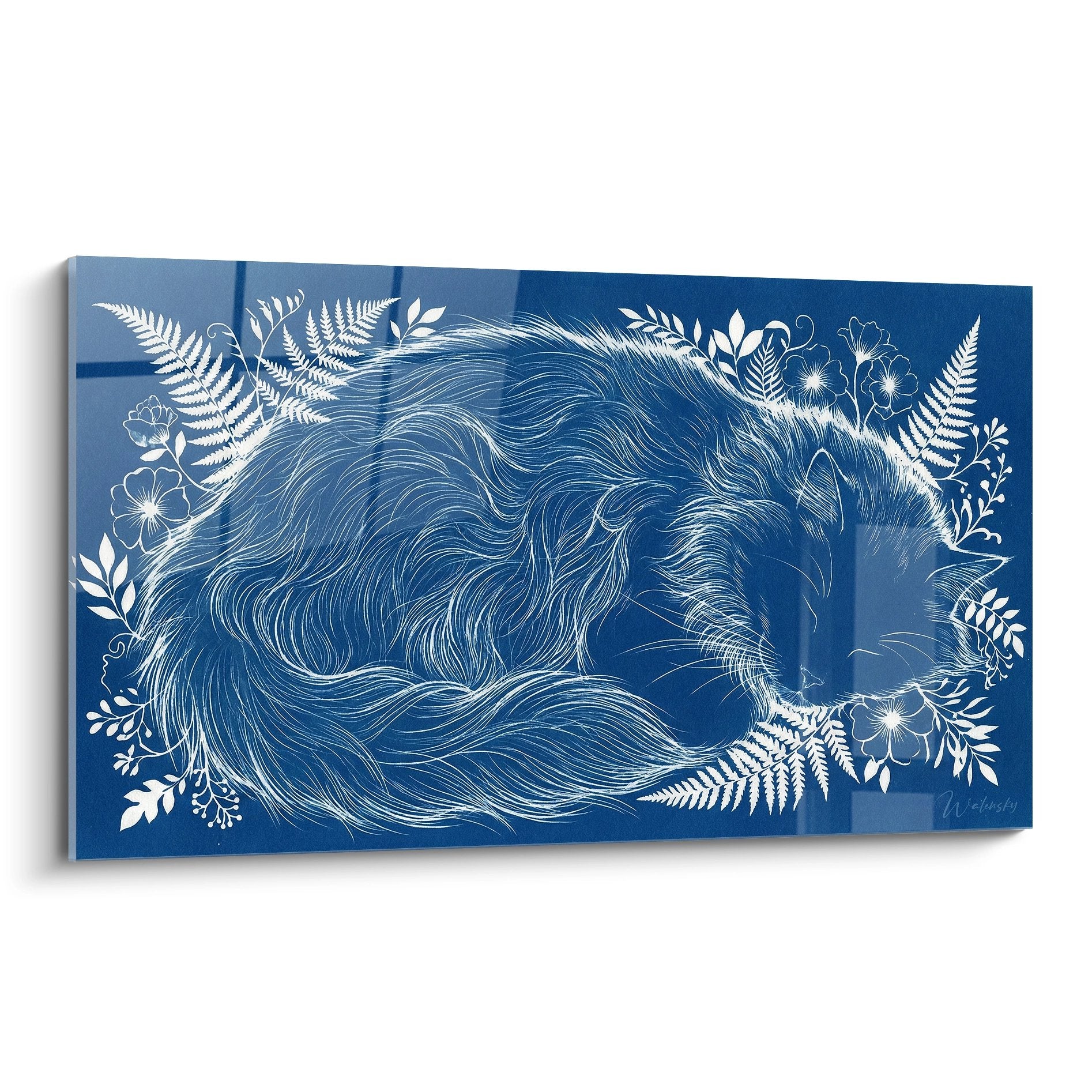Quadro da parete gatto Ragamuffin addormentato in stile cianotipia blu e bianco con motivi floreali decorativi