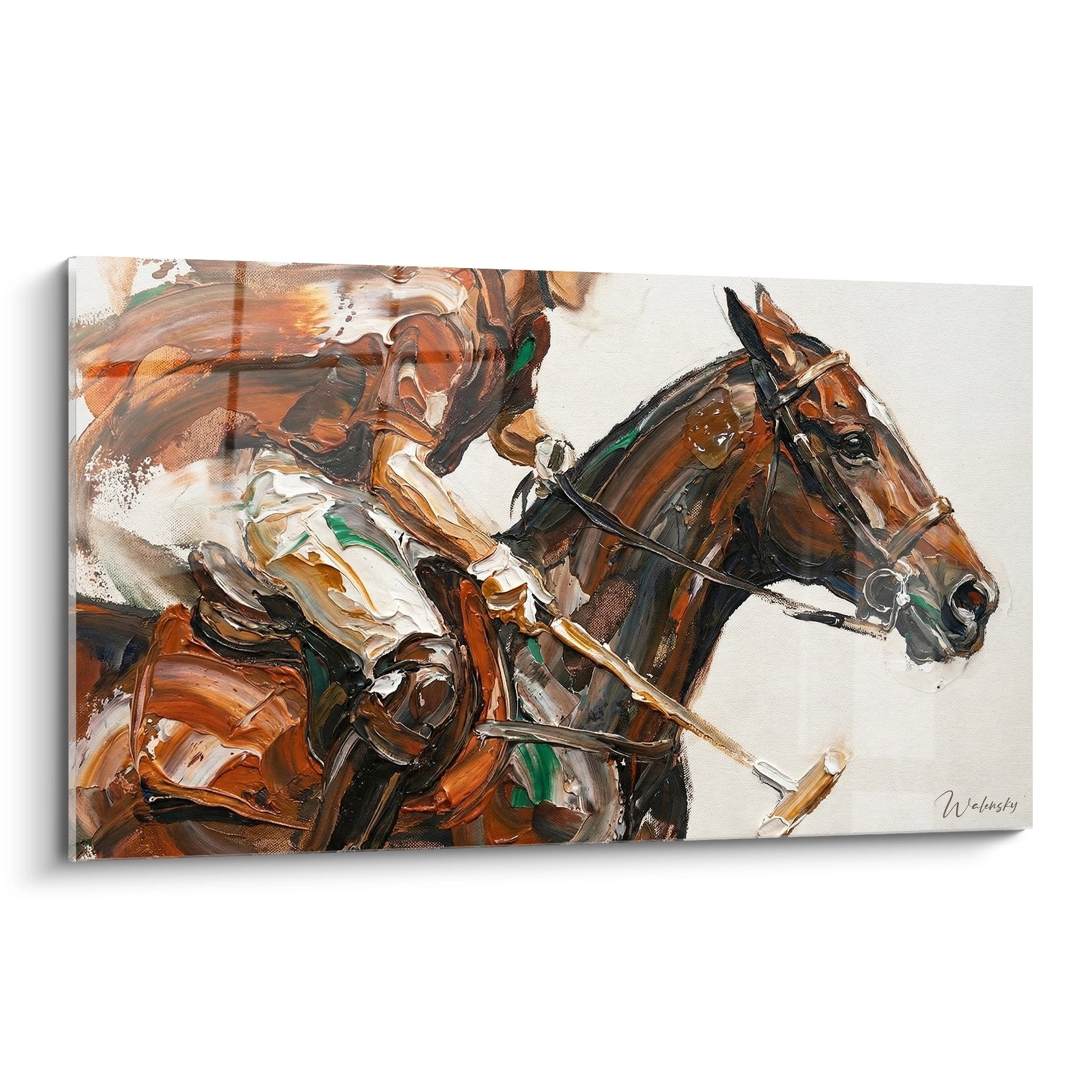 Tableau moderne représentant un cheval de polo brun en action avec cavalier, peinture aux tons chauds