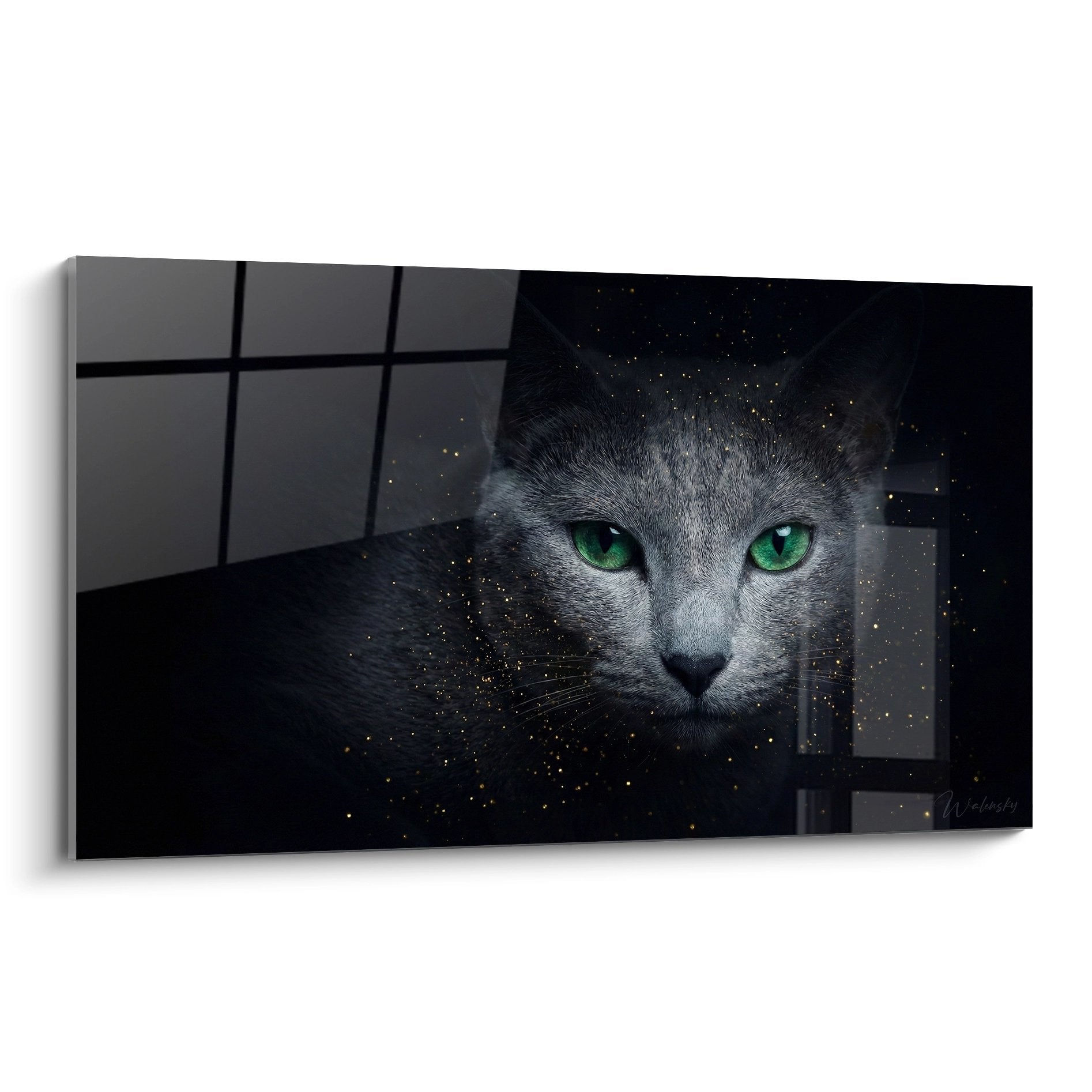 Tableau artistique chat Russian Blue aux yeux verts dans univers cosmique étoilé avec particules dorées