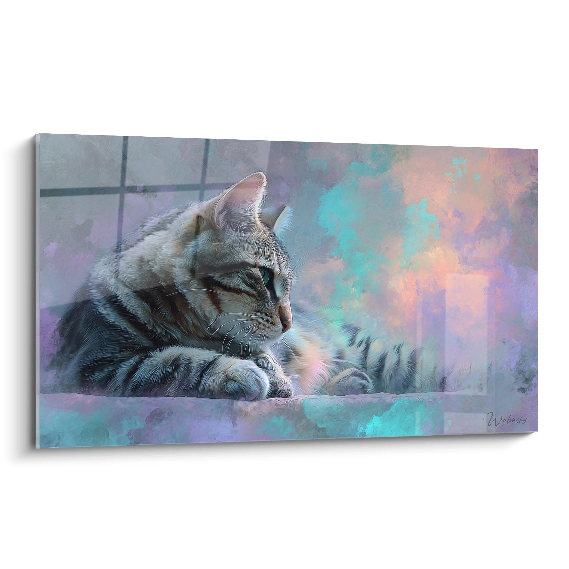 Tableau art mural chat American Bobtail contemplatif aux couleurs pastel violet rose turquoise près fenêtre
