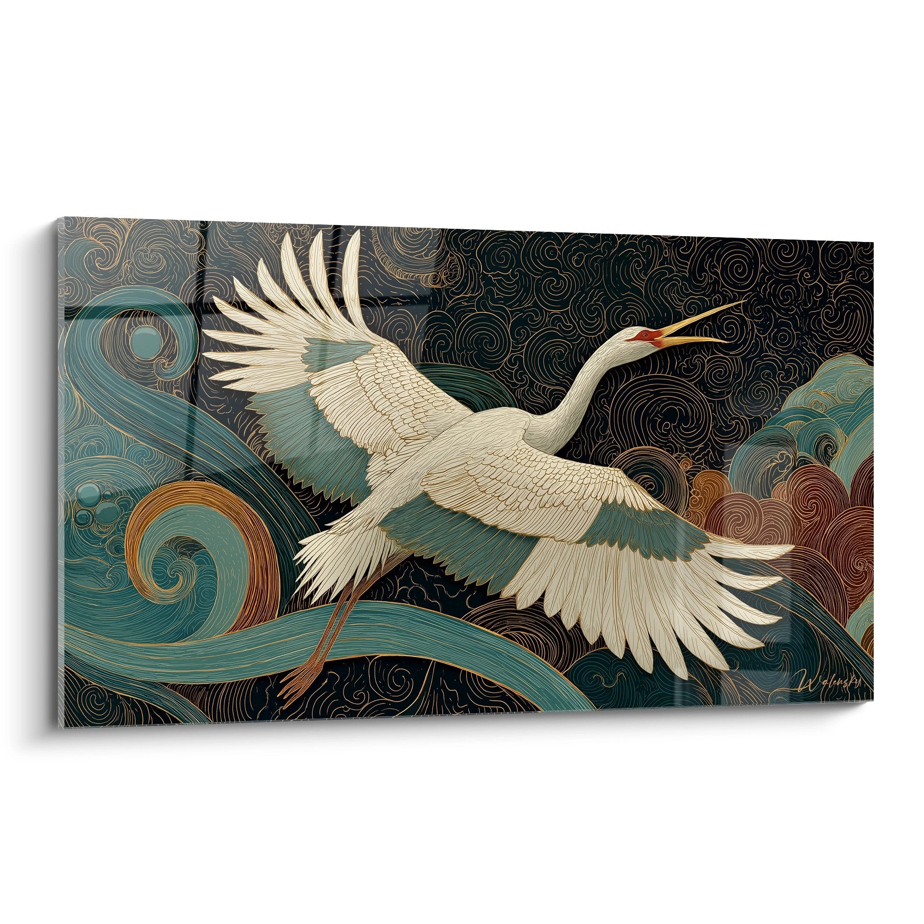 Tableau art déco représentant une grue blanche en vol sur fond de vagues stylisées bleu-vert et motifs ornementaux