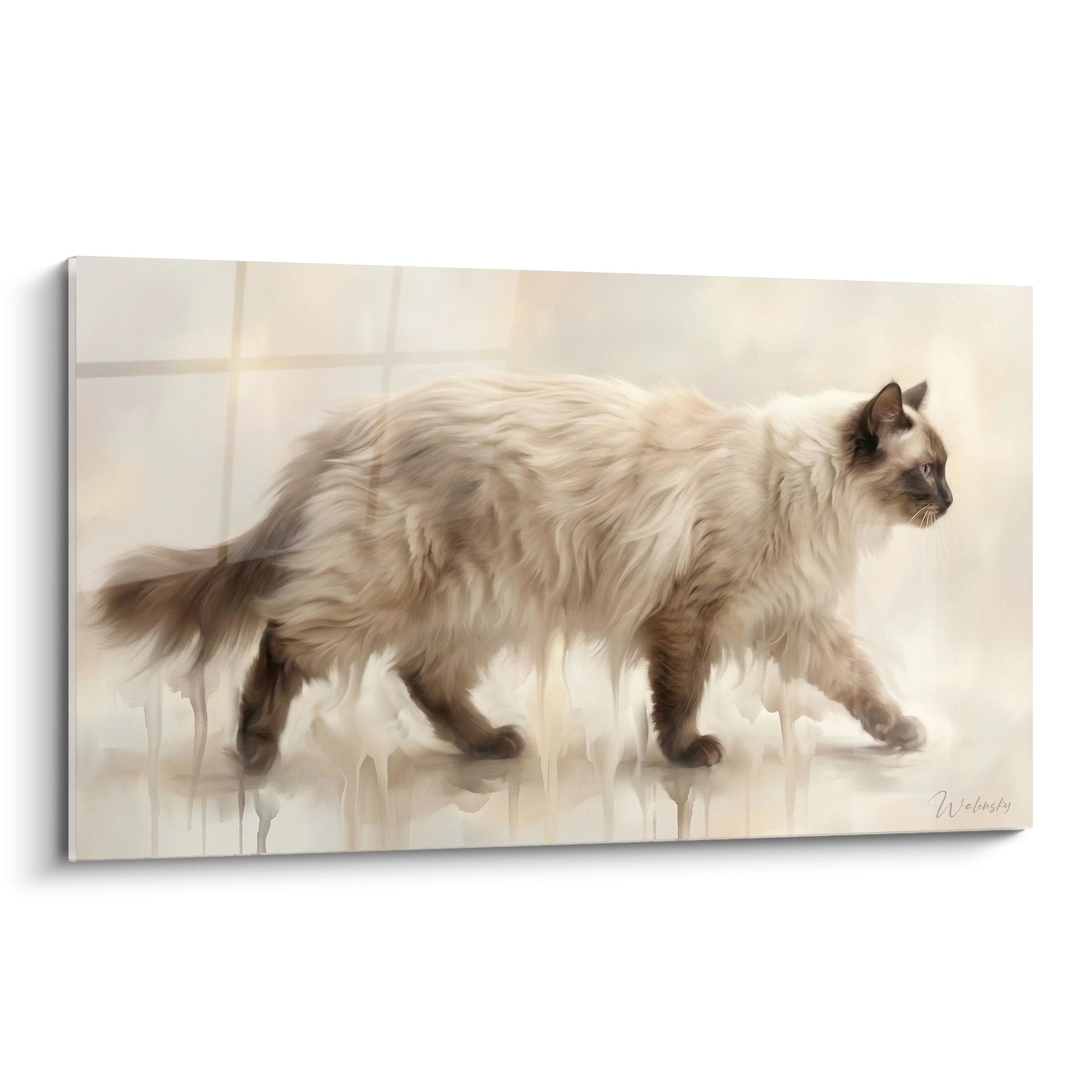 Tableau artistique d'un chat Balinais aux longs poils beiges en mouvement sur carrelage, style pictural doux