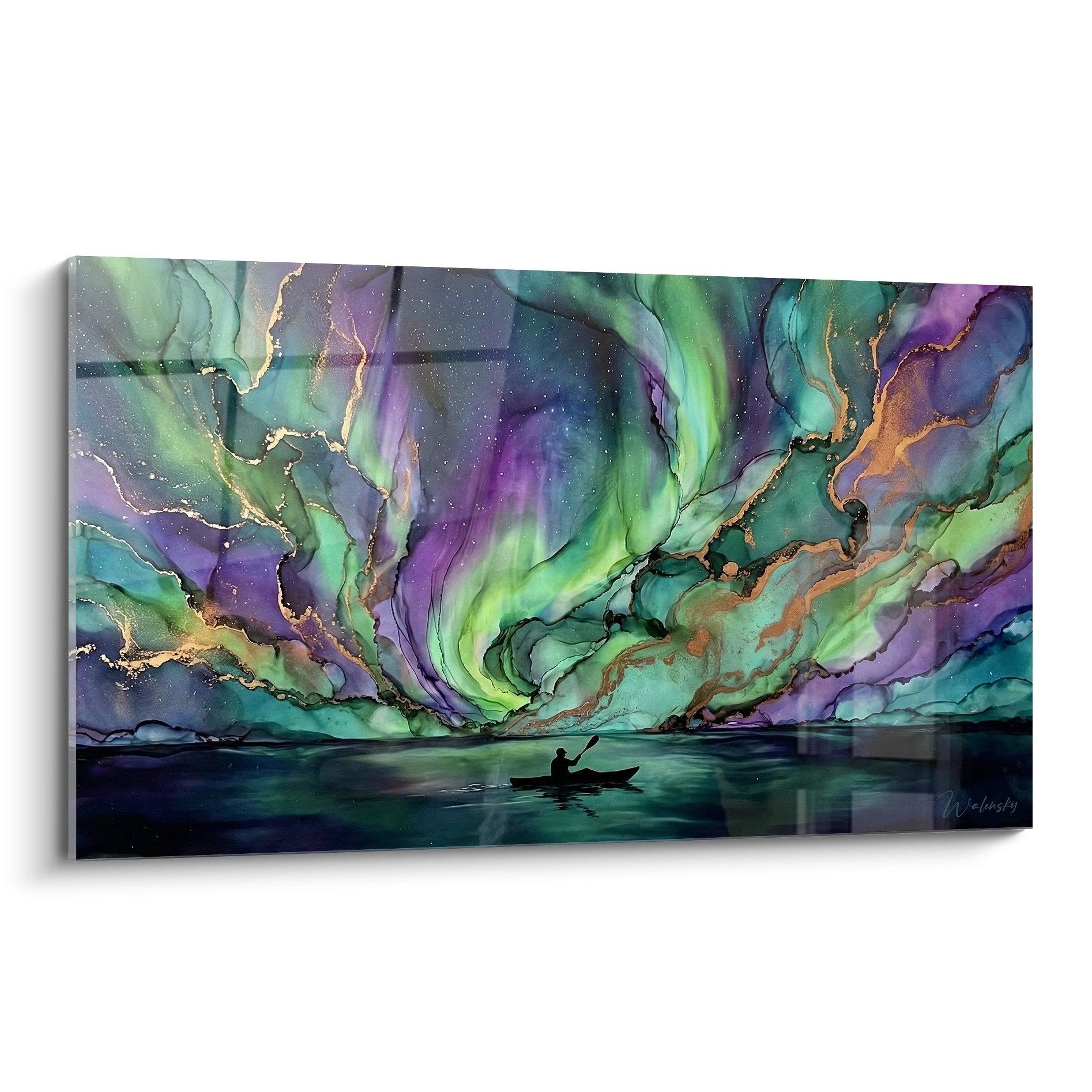 Northern lights painting with solitary kayaker, wall art with green purple gold colors, wall decoration
