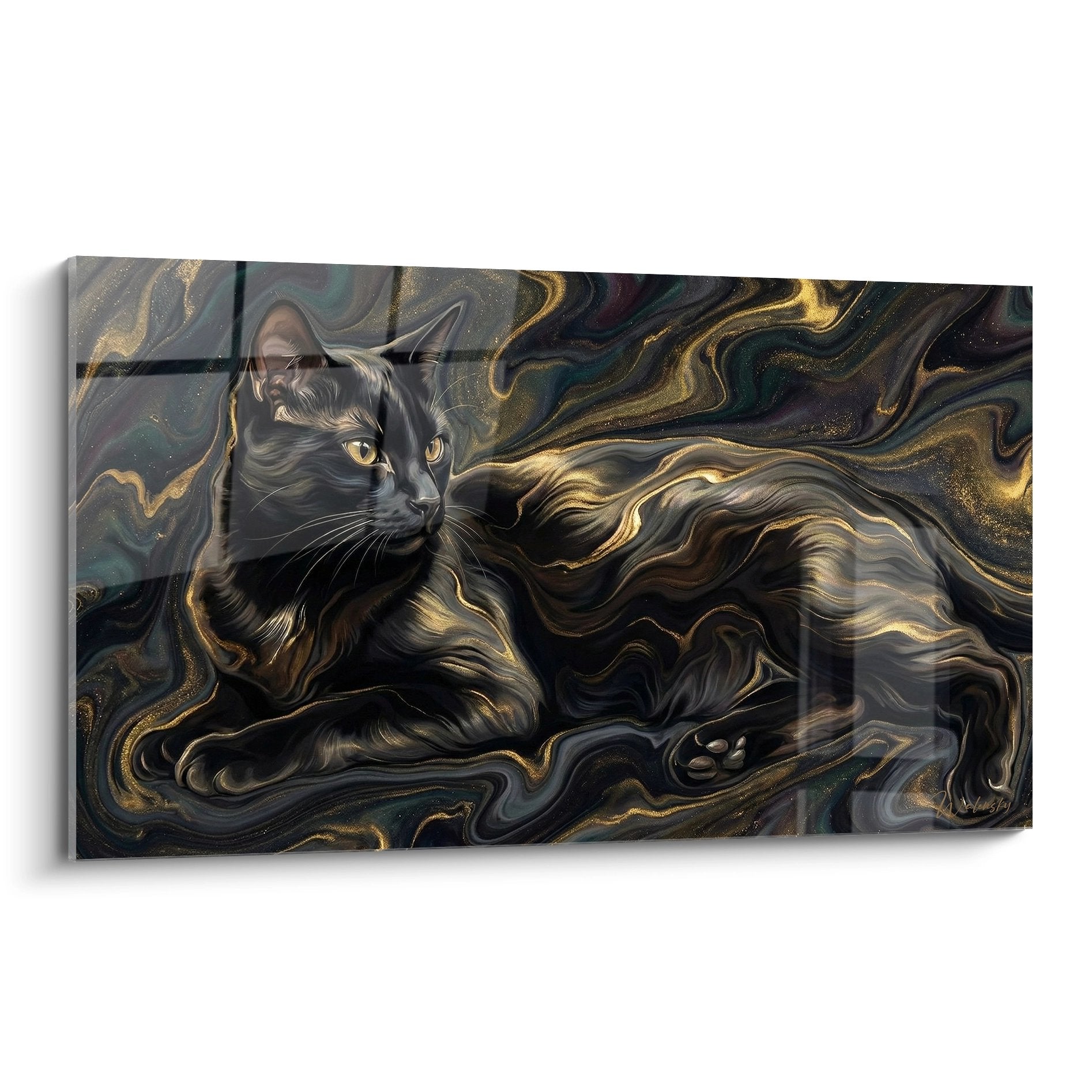 Tableau art mural chat Bombay aux yeux ambre dans univers fluide doré et noir, style moderne abstrait