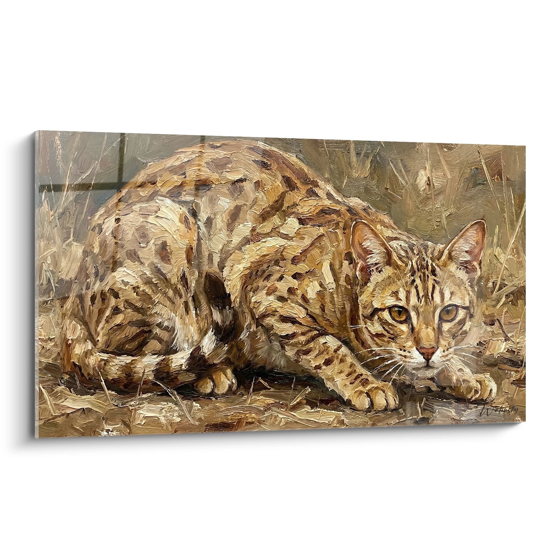 Tableau peinture chat Ocicat allonge pelage tachete tons dores bruns texture empâtement art felin