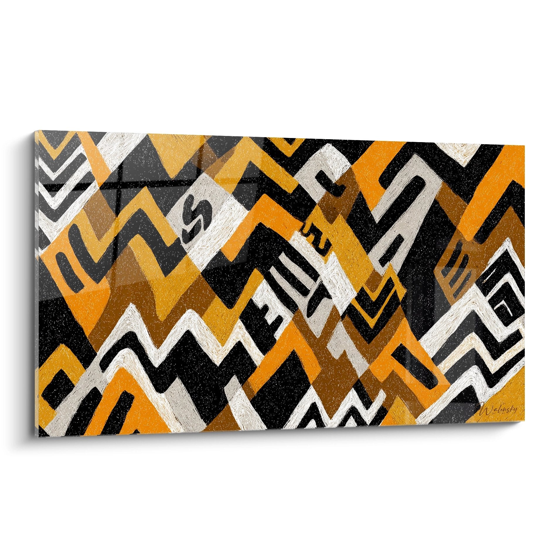 Quadro astratto africano con motivi geometrici zigzag arancione nero e bianco stile tribale contemporaneo