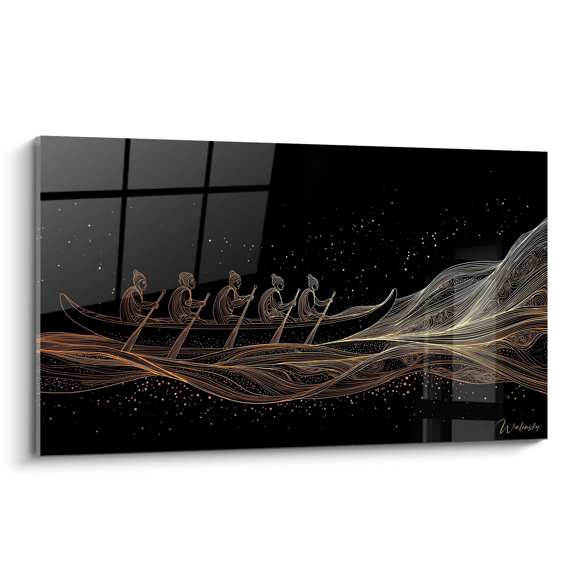 Modern stylized rowing team painting in golden tones navigating under a starry black sky