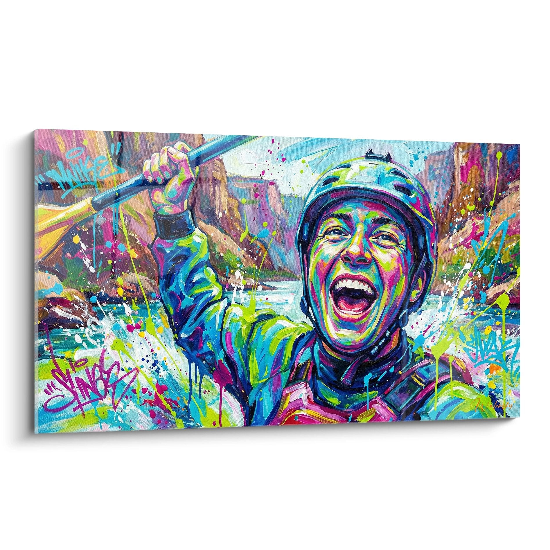 Colorful painting of a victorious rafter brandishing his paddle, street art style with multicolored splashes