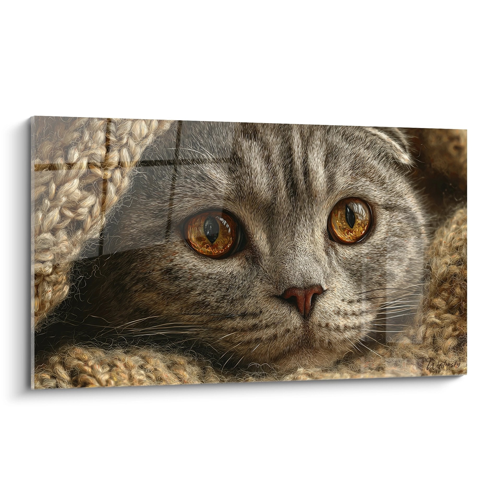 Künstlerisches Porträt einer grauen Scottish Fold Katze mit goldenen Augen auf beigem Strickstoff