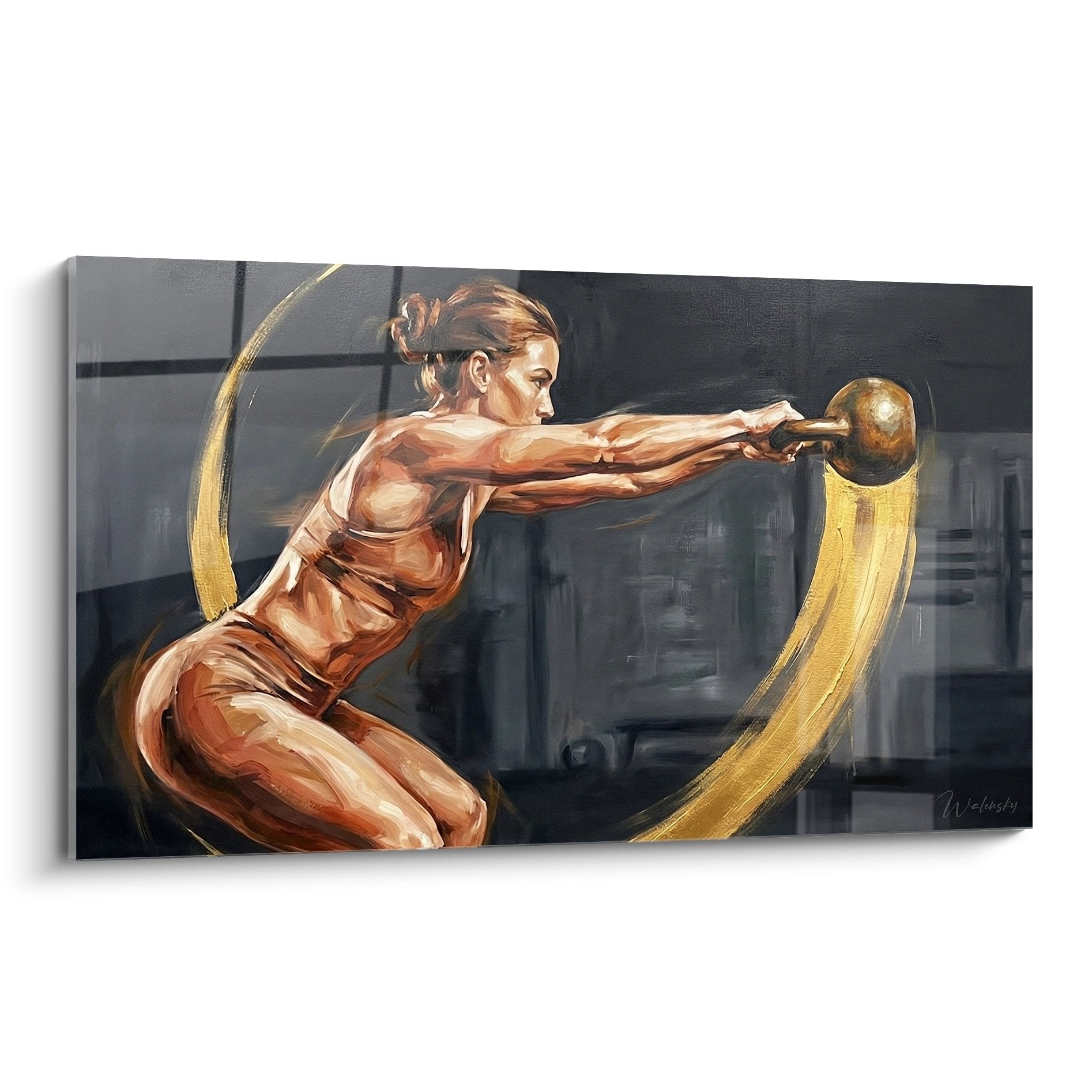 Quadro crossfit donna muscolosa che si allena con kettlebell, arte fitness per decorazione palestra
