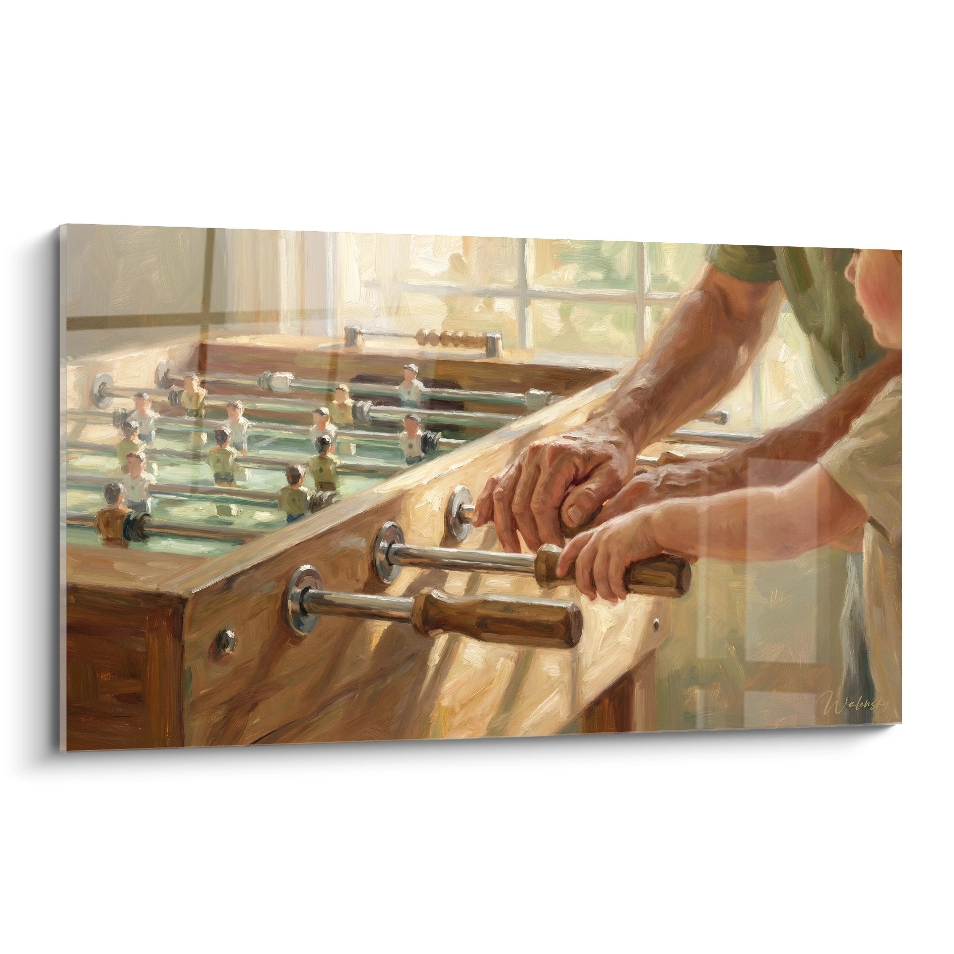 Quadro pittura calciobalilla con mani di giocatori su barre cromate e figurine colorate su campo verde