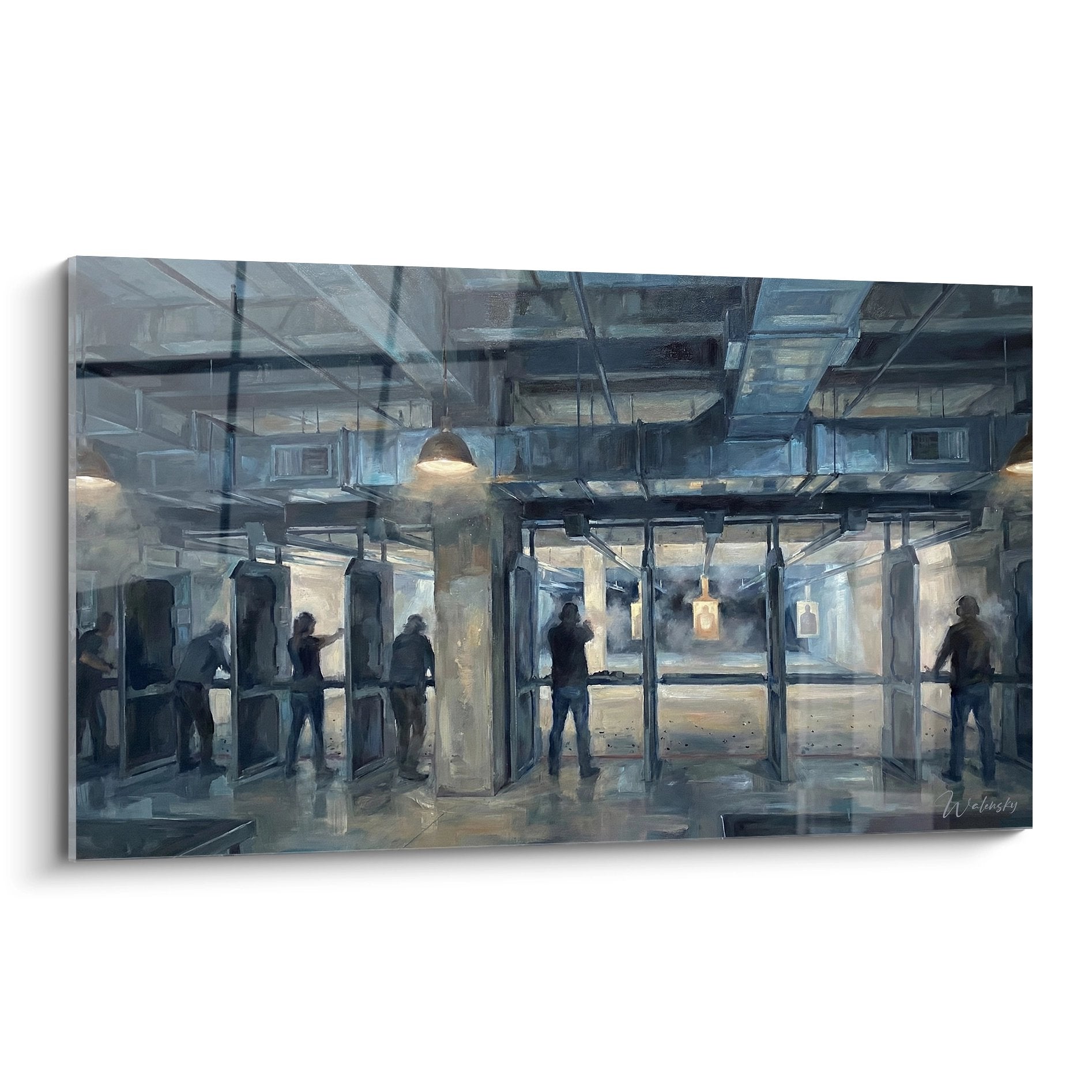Indoor shooting range wall art painting with shooters in action in modern environment with blue tones