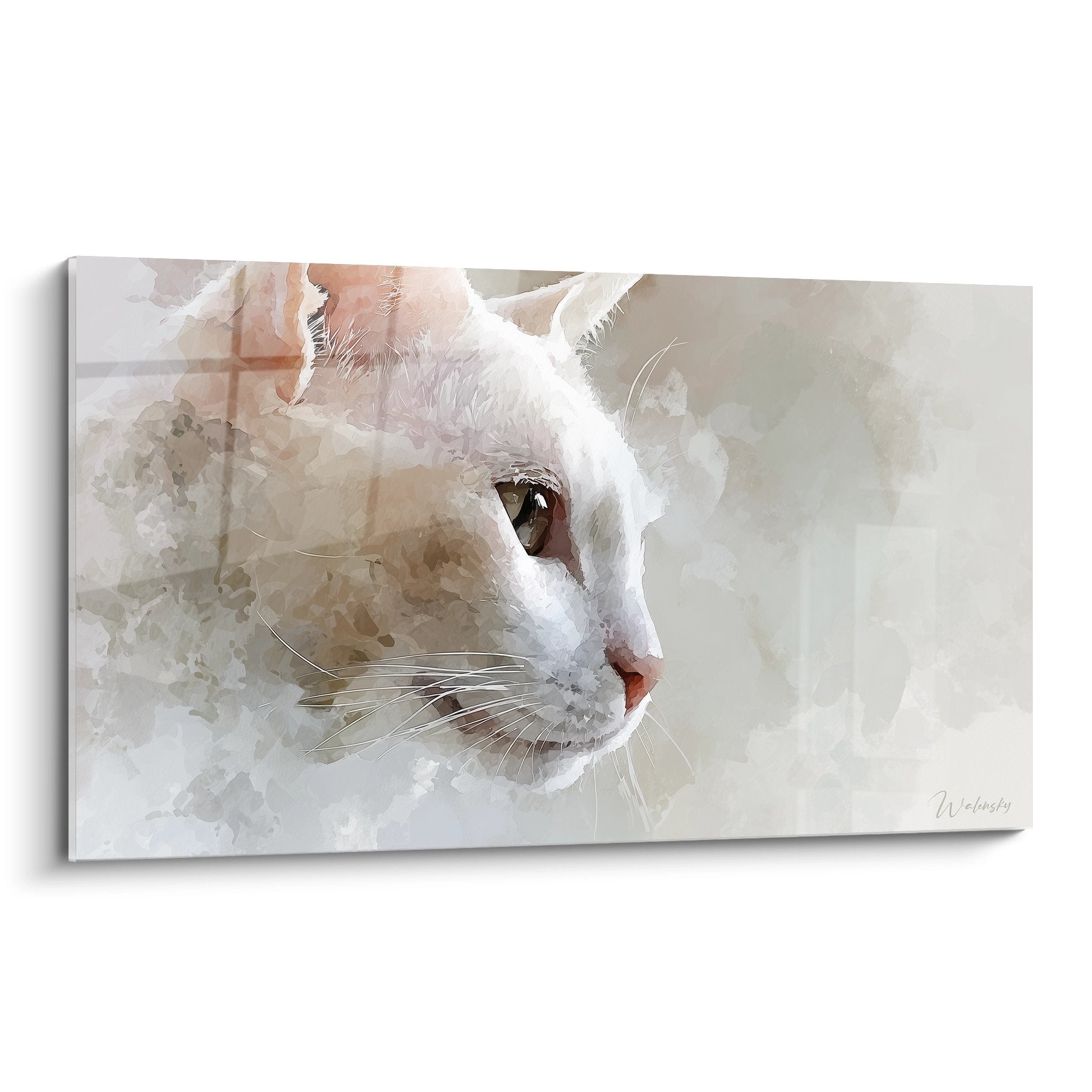 Tableau aquarelle chat blanc au regard contemplatif, art mural décoratif style burmilla tons poudrés