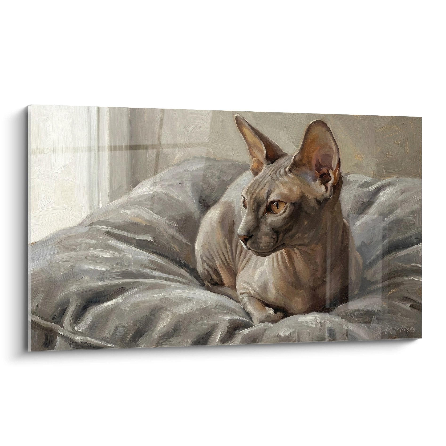 Quadro dipinto gatto sphynx grigio a riposo su cuscini decorazione murale arte animale moderna